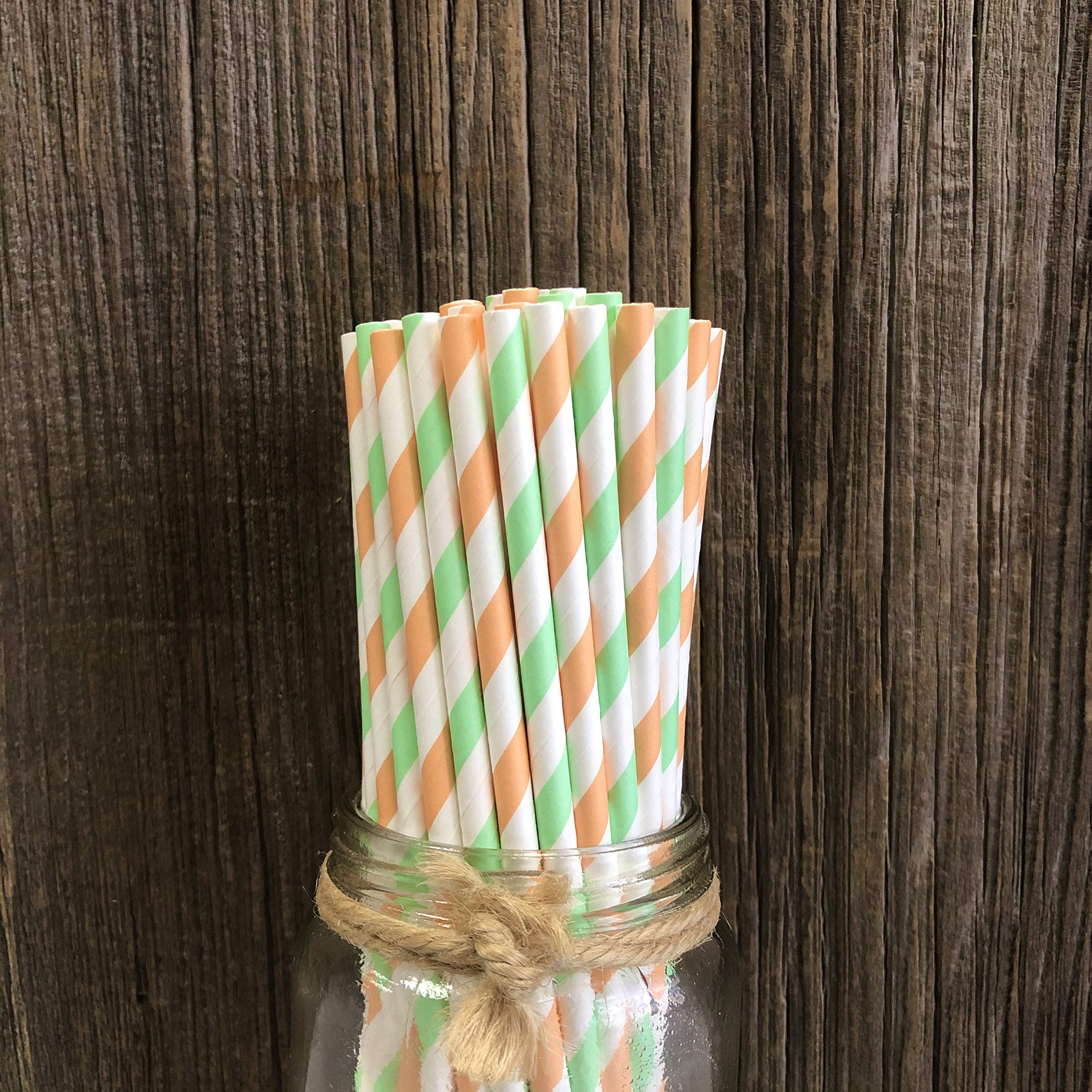 Striped Paper Straws - Mint Green Peach White - 7.75 Inches - Pack Of 50 Outside The Box Papers Brand