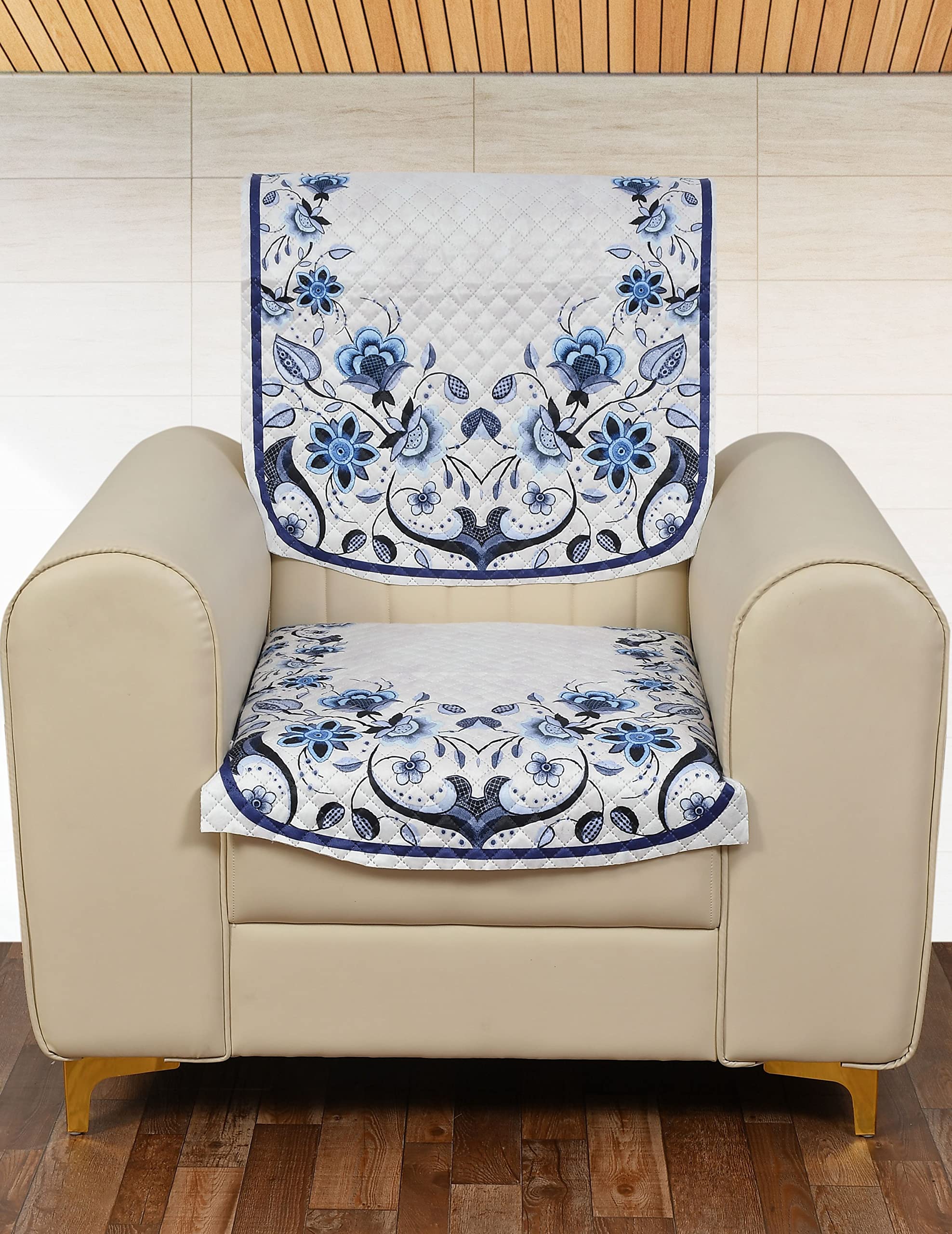 Yellow Weaves 1 Seater Quilted Sofa Chair Cover, Floral Design, Seat & Back Cover, Color - Blue