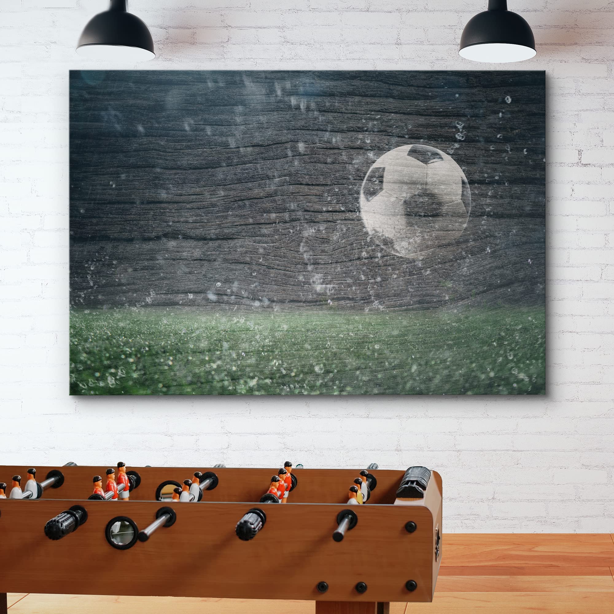 Wall26 Canvas Print Wall Art Wood Panel Effect Rainwater Soccer Ball Field Boys Room Decor Sports Fitness Photography Realism De