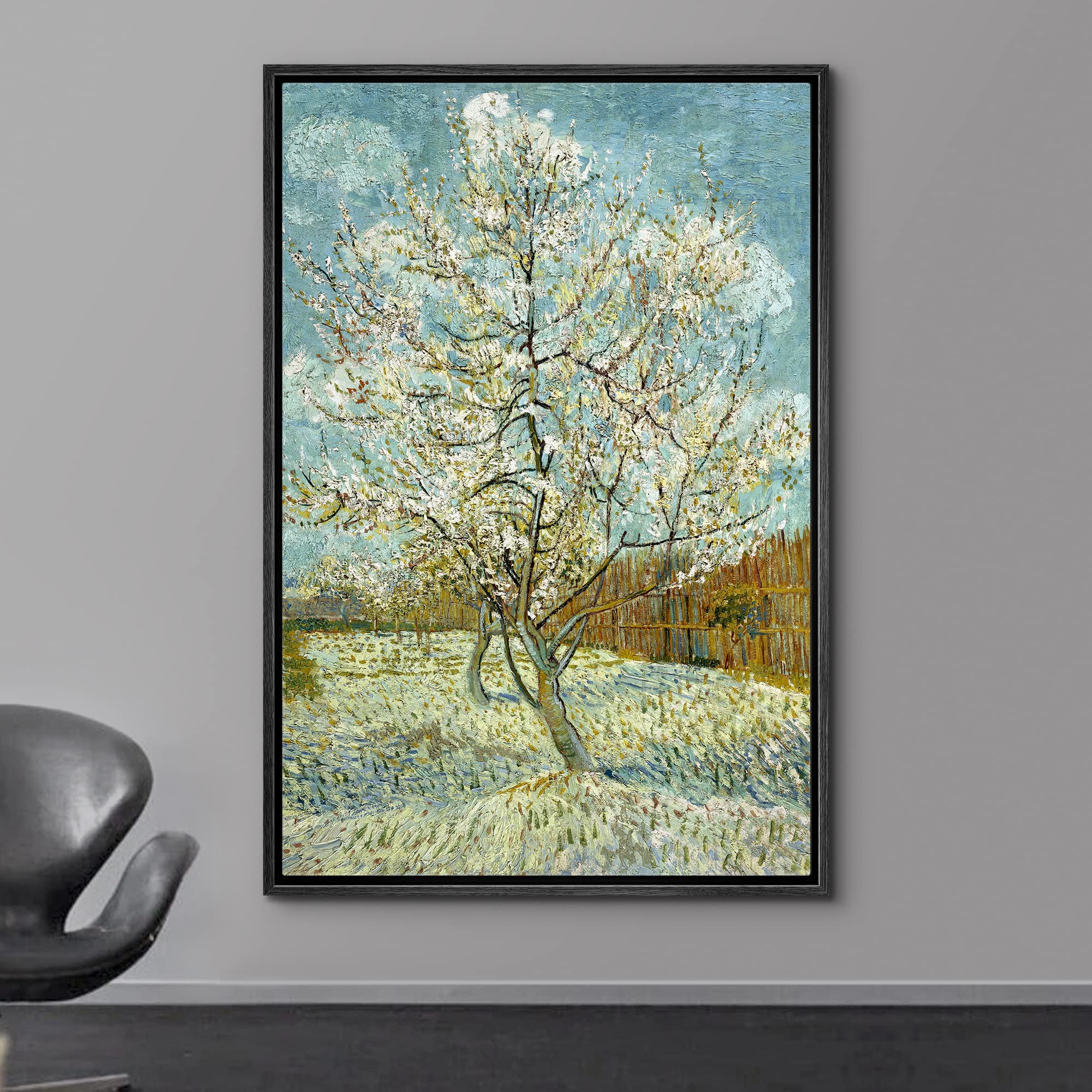 Wall26 The Pink Peach Tree By Vincent Van Gogh - Framed Canvas Print Wall Art Famous Oil Painting Reproduction - 24''X36'' Black