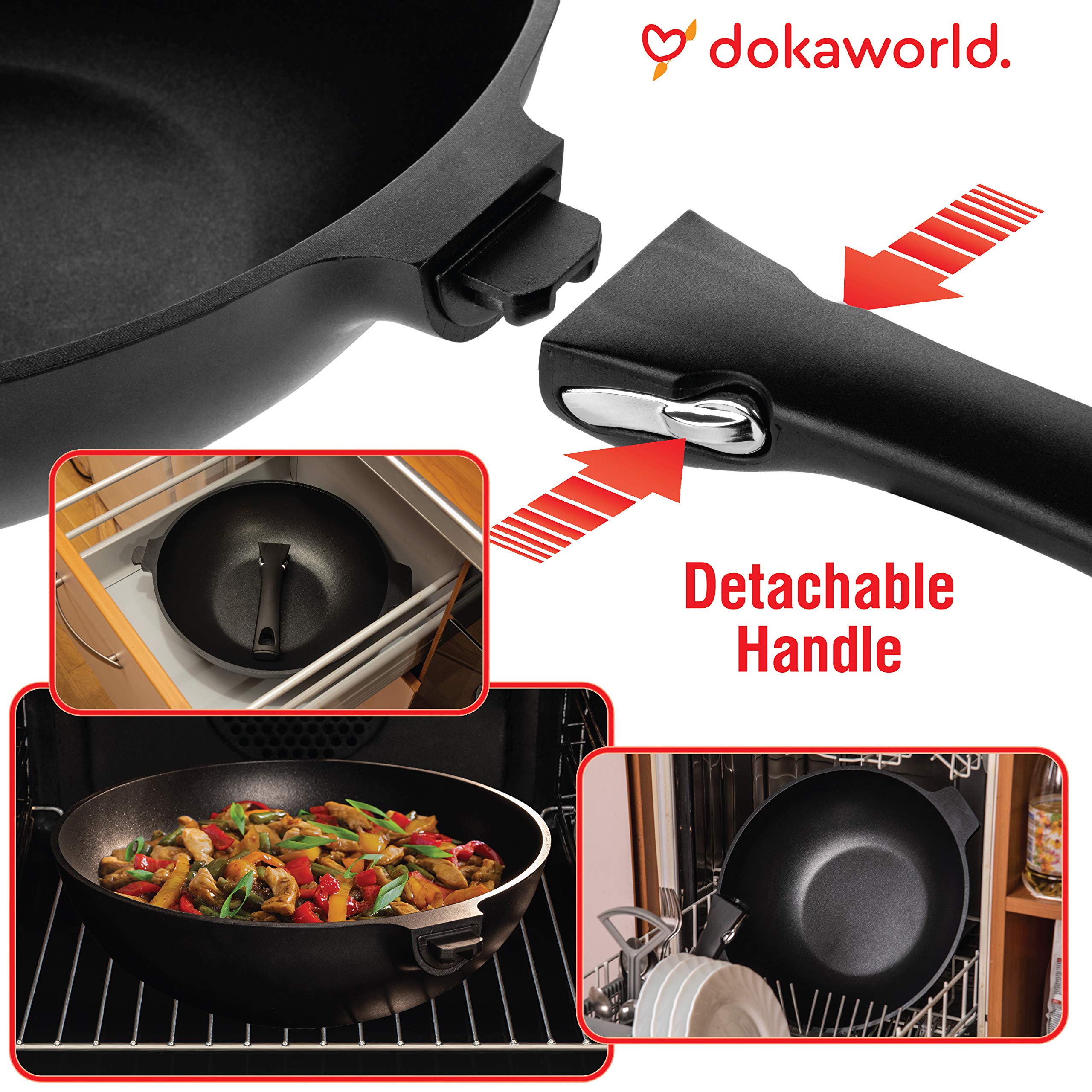 Dokaworld Aluminum Nonstick 12 Inch Wok - Induction Compatible - Lightweight