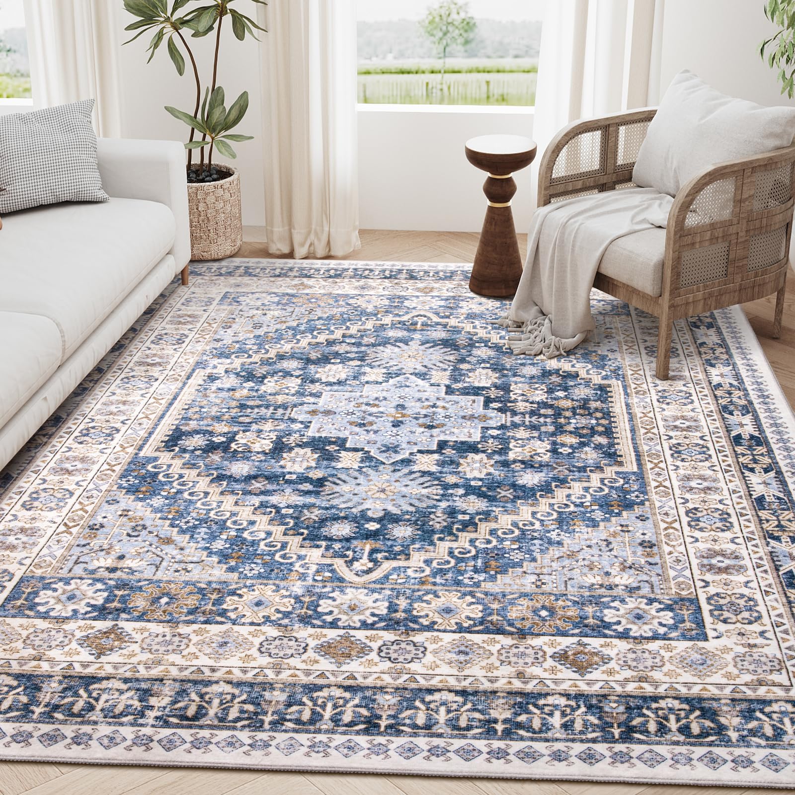 zesthome 8x10 Area Rugs for Living Room,Non-Slip Backing Washable Rugs,Vintage Large Area Rug,Stain Resistant Home Decor Rug (Bl