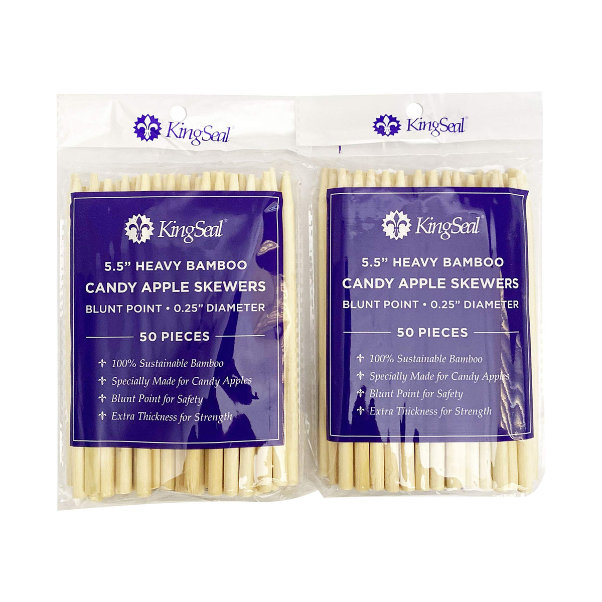 Kingseal Natural Bamboo Wood Candy Apple Skewers, Sticks, 5.5 Inch X 6.5Mm Diameter, Blunt Point For Safety, Retail Pack - 2 Pac