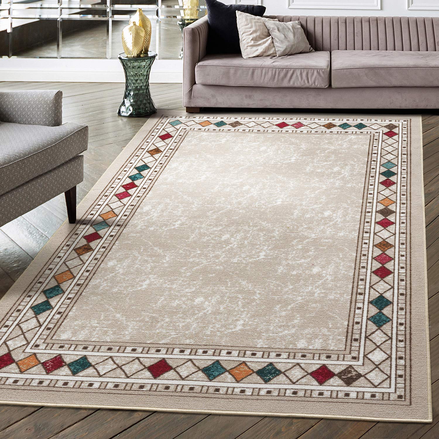 Antep Rugs Alfombras Modern Bordered 8x10 Non-Skid (Non-Slip) Low Profile Pile Rubber Backing Indoor Area Rugs (Beige, 710 x 10