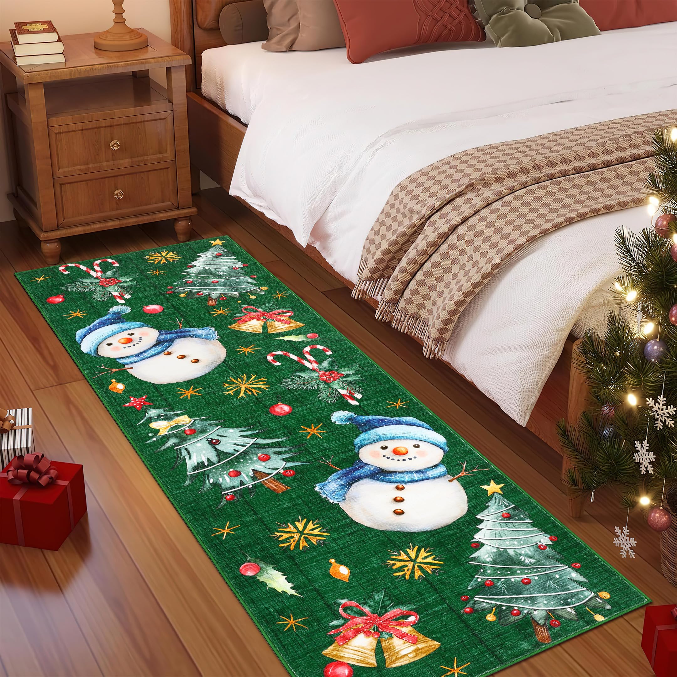 GarveeHome Christmas Washable Runner Rug 2x8 Kitchen Rugs Non Slip Bath Rugs Low Pile Entryway Rug Xmas Tree & Snowman Foldable