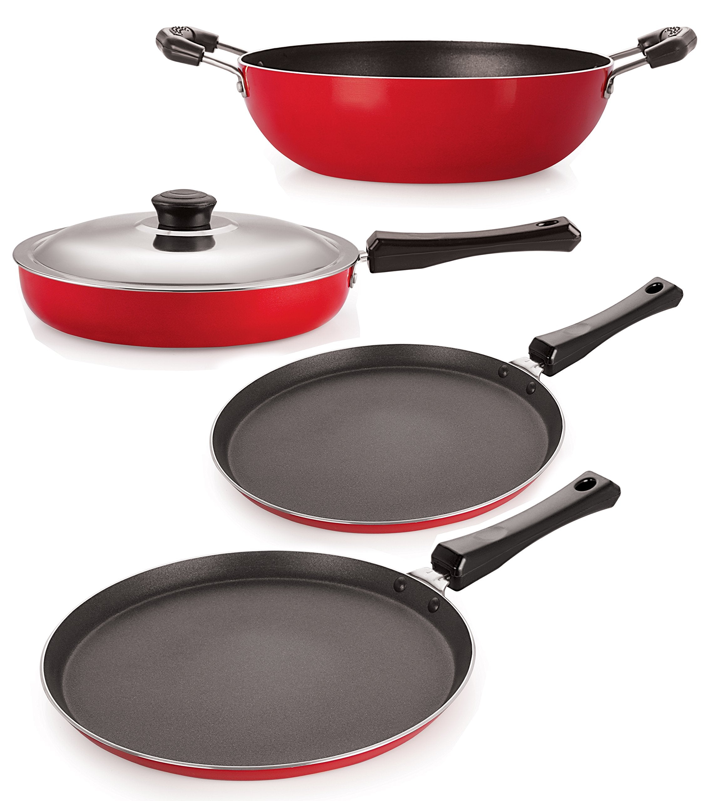 Nirlon NonStick Cookware Kitchen Cooking Essential Combo Set, (Ft12_Fp13_Kd14_Ft11),Heavy Gauge Aluminium