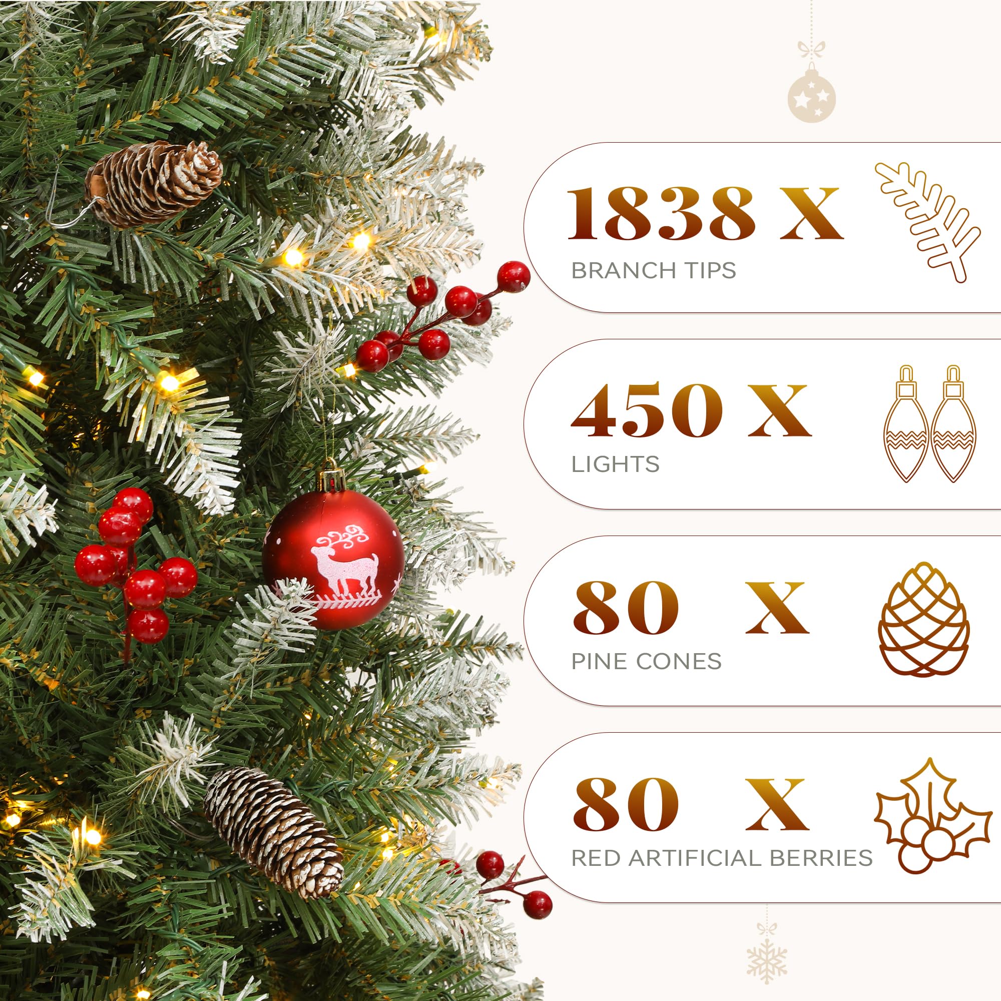 YITAHOME 6FT Prelit Frosted Green Artificial Christmas Tree with Remote, Pre-Decorated Christmas Tree w/ 1838 Tips, 80 Pine Cone