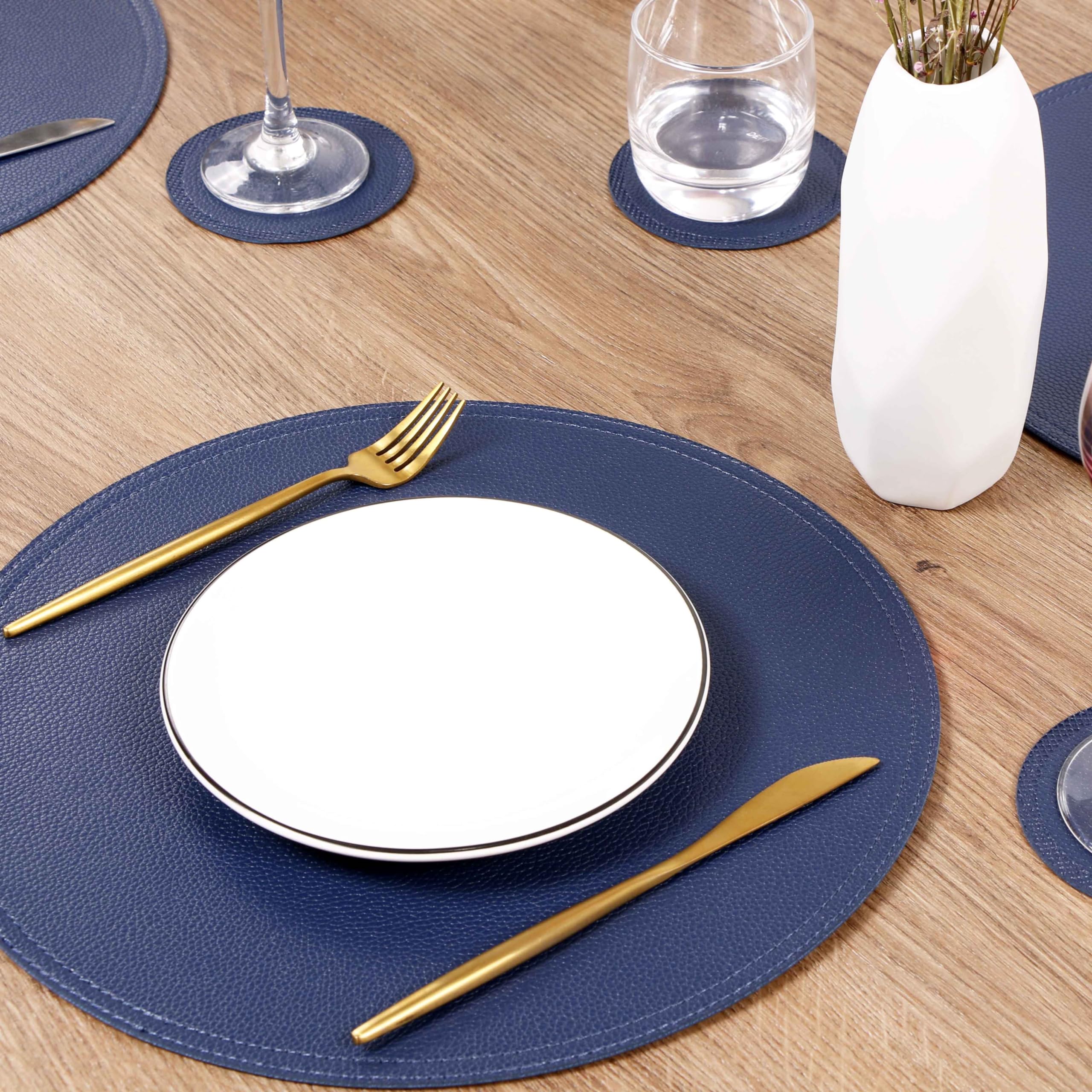 Jovono Navy Faux Leather Round Placemats And Coasters, Coffee Mats Kitchen Table Mats, Waterproof, Easy To Clean For Round Table