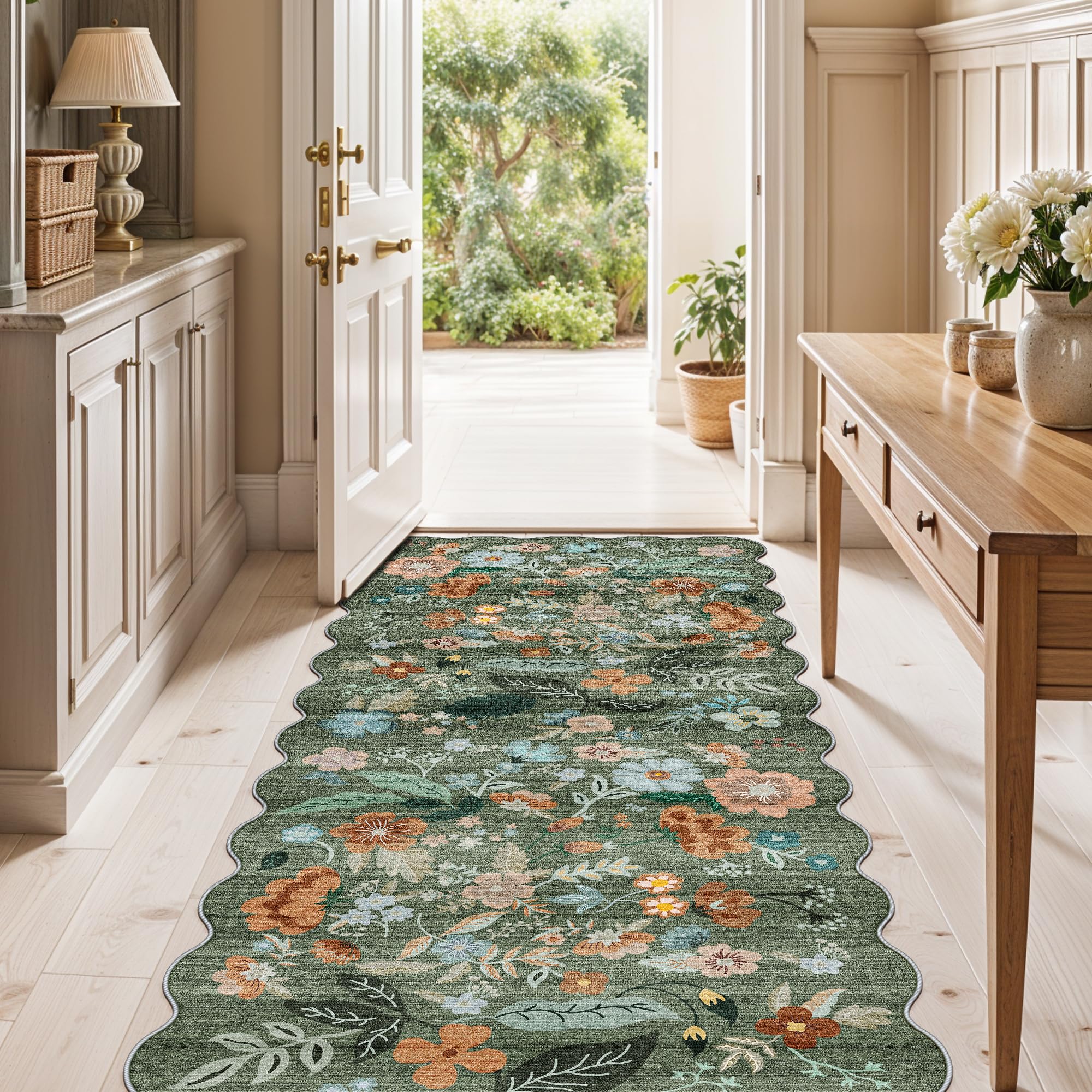 2x5 Washable Kitchen Area Rug: Floral Scalloped Entryway Runner Farmhouse Non-Slip Floor Carpet for Hallway Bathroom Soft Comfor