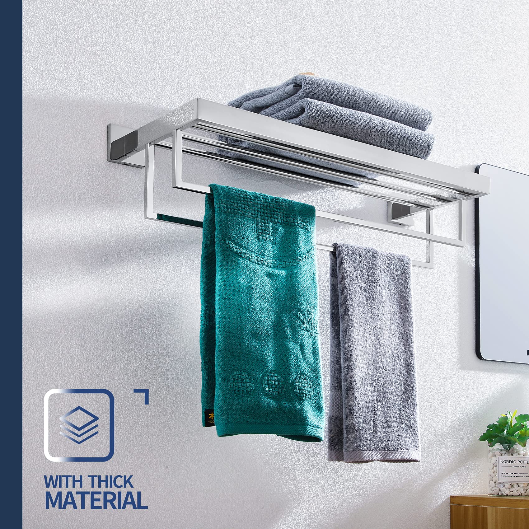 KOKOSIRI 24'' Bathroom Towel Shelf Chrome Towel Rack with Two Bath Towel Bars SUS304 Stainless Steel Wall Mounted  Polished Finish  B6003CH