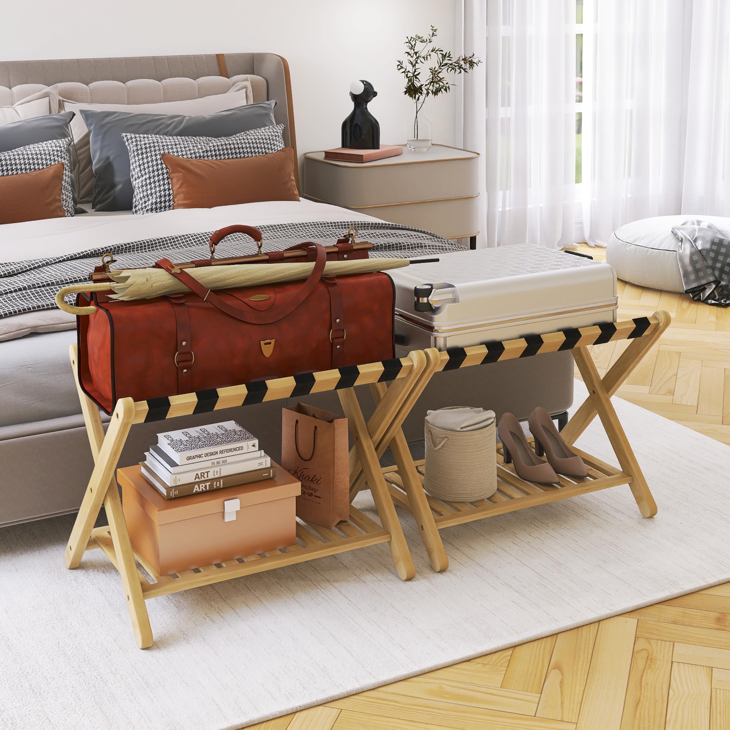 Smibuy Luggage Rack, Set Of 2, Foldable Bamboo Suitcase Stand With Storage Shelf For Guest Room, Bedroom, Hotel, Heavy-Duty (Nat