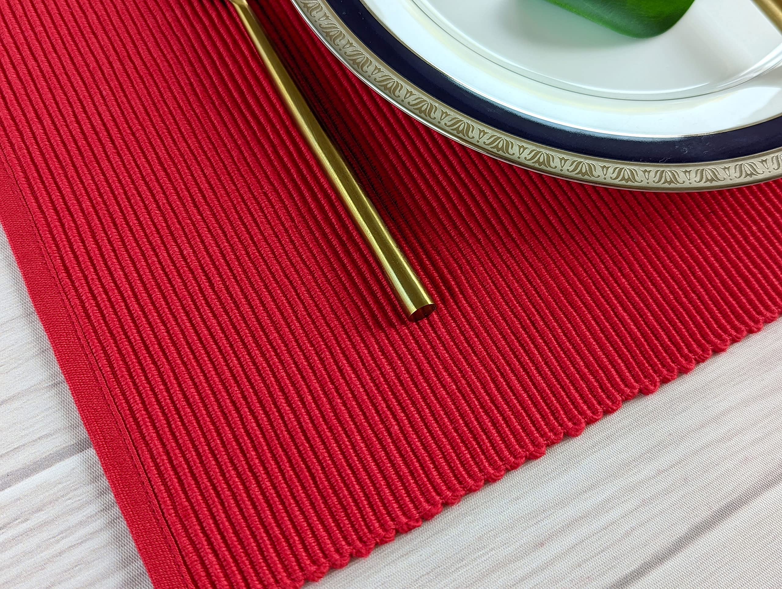 Avka Studio 100% Cotton Ribbed Placemats - Set Of 6-13 X 19 Inch - Red - Everyday/Christmas Fabric Table Mats - Thick Constructi
