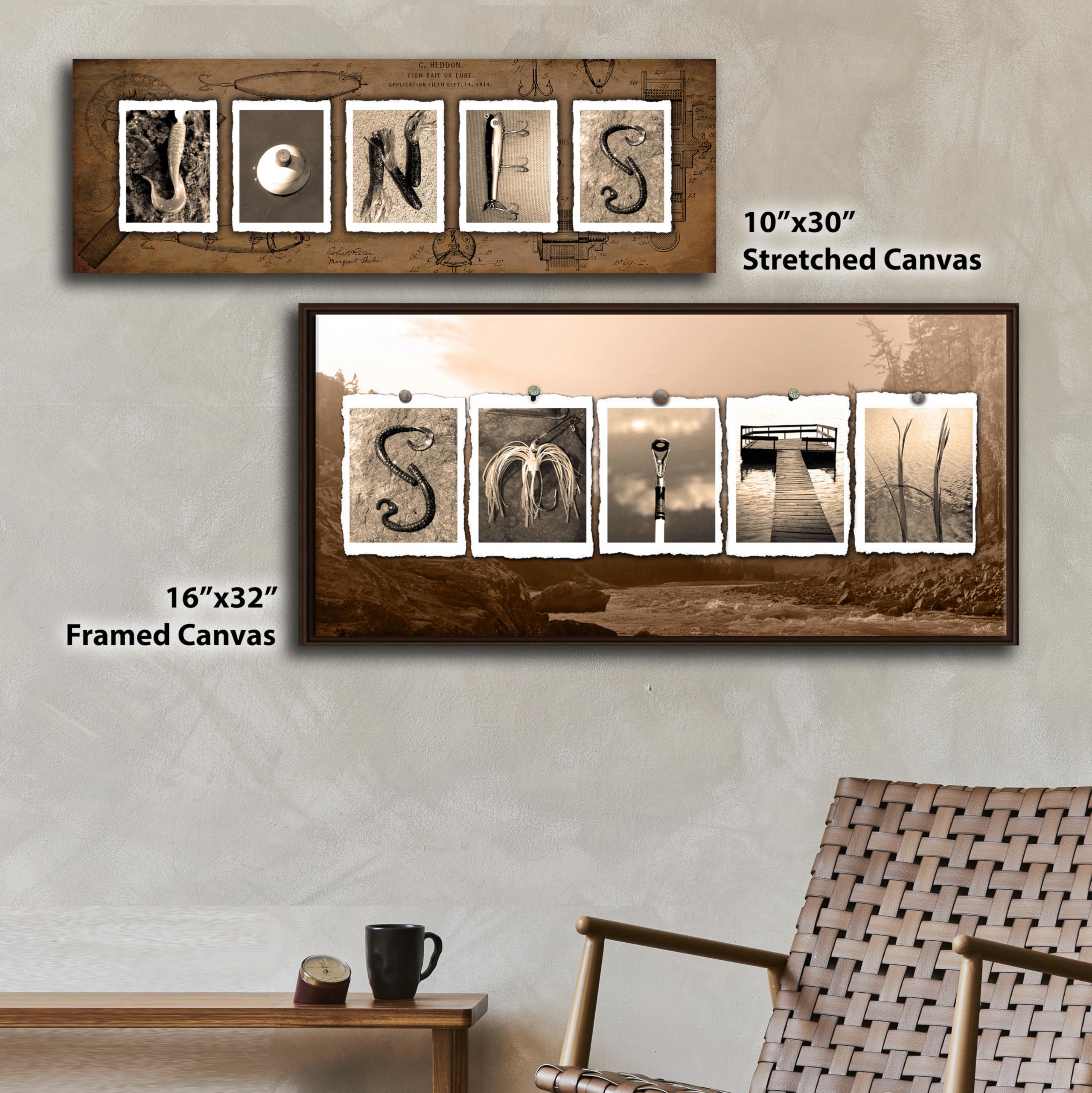 Personalized Fishing Name Alphabet Art - Perfect For The Man Cave, Office, Or Boy'S Room. (Vintage Block Mount - 9.5''X26'')