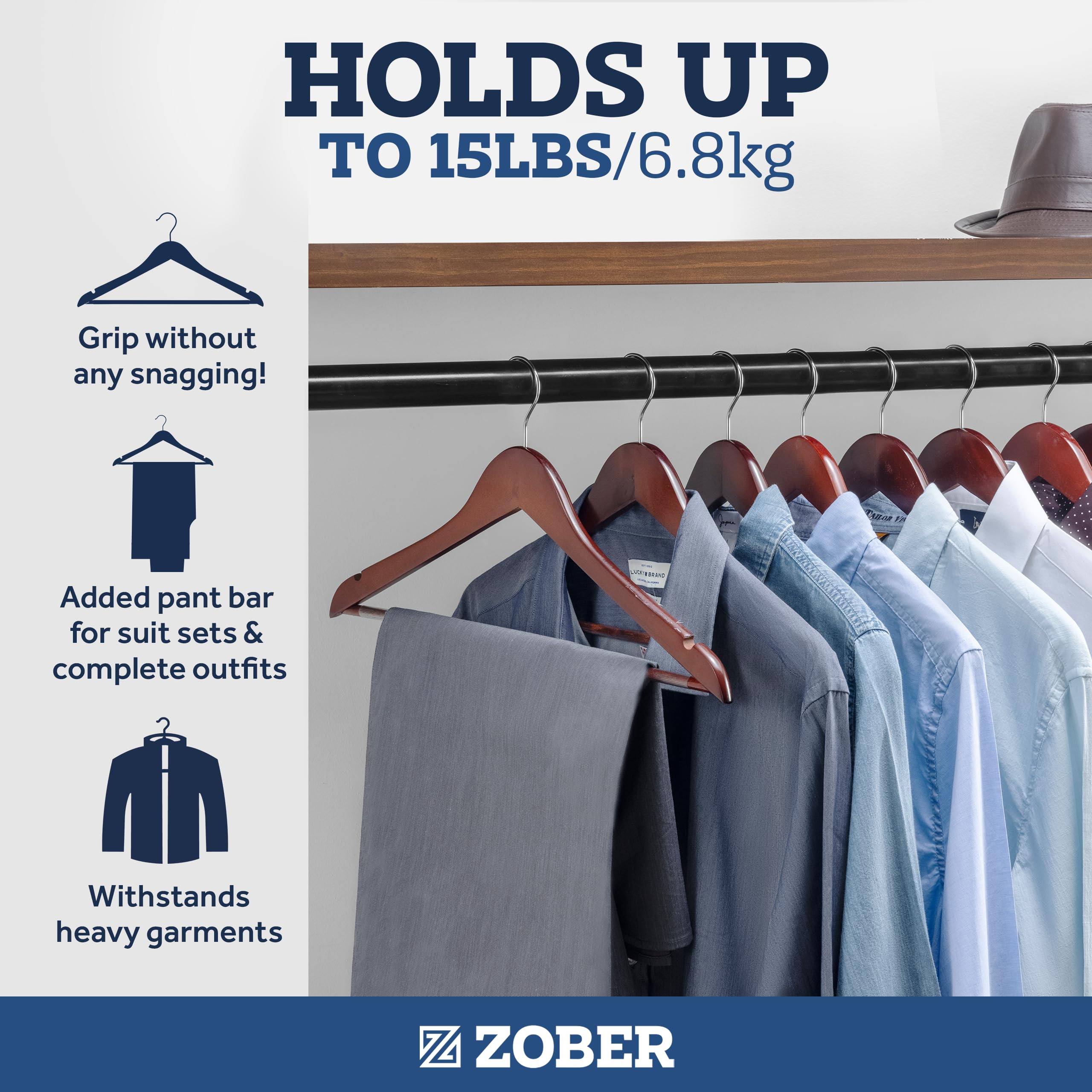 Zober Black Wooden Hangers - 20 Pack, Heavy Duty, Non Slip Wood Hangers for Coats, Jackets, Suits, & Pants - Coat Hangers for Cl