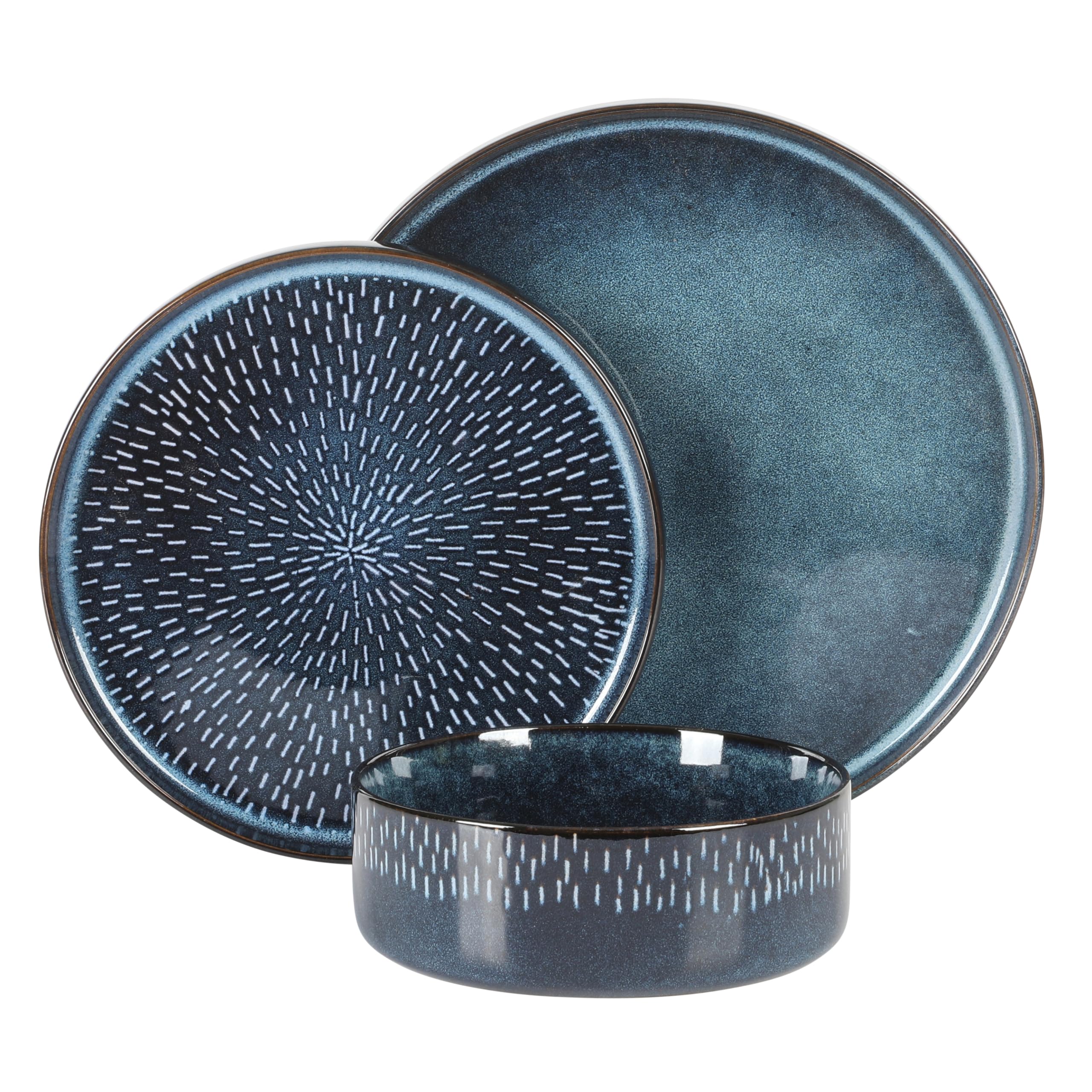 Gibson Elite 12 Piece Matisse Moderna Stoneware Reactive Glaze Plates and Bowls Dishes Dinnerware Set - Cobalt Blue