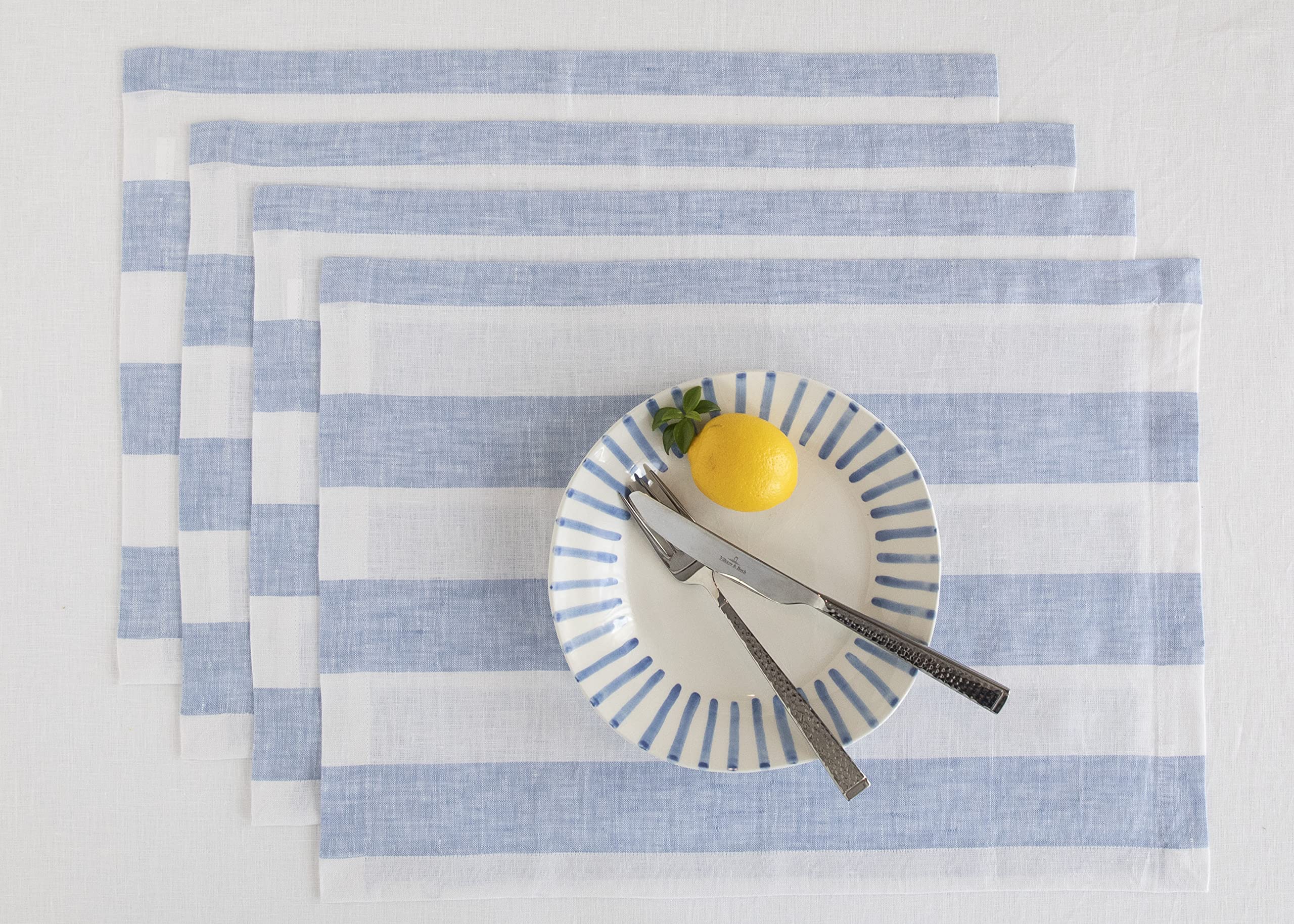 Solino Home Linen Easter Placemats 14 x 19 Inch - 100% Pure Linen Fabric Placemats for Spring  Summer - Cabana Stripe Sky Blue and White Tablemats Set of 4 - Handcrafted and Machine Washable