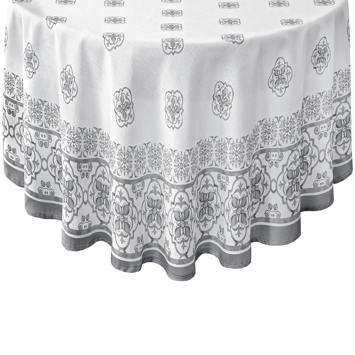 Newbridge Round Fabric Tablecloth, 70 Inch, Mykonos Grey Mediterranean, Indoor Outdoor Stain Resistant No-Iron Table Cloth, Grey