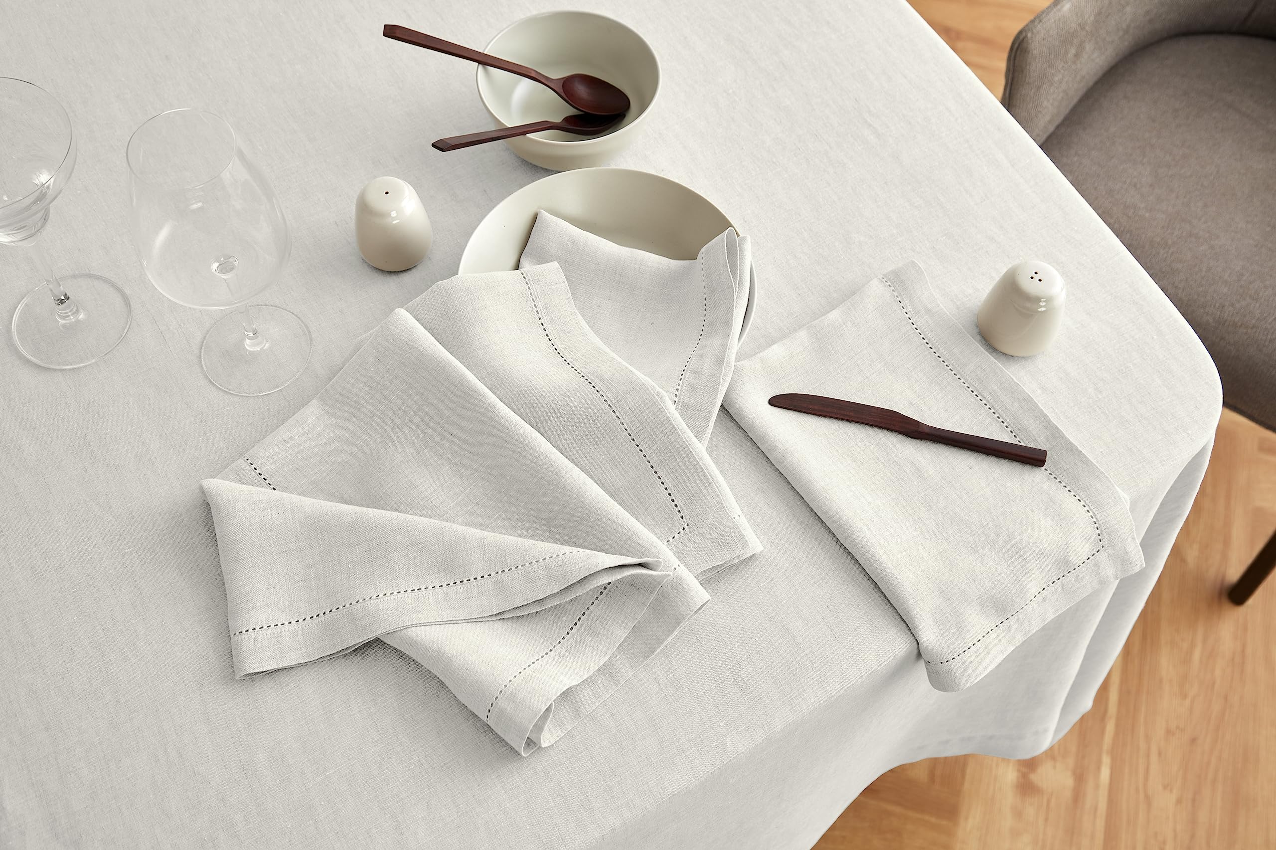 Solino Home Light Flax Linen Tablecloth 90'' L X 70'' W Inch - Sonoma Hemstitch 100% Pure Linen Prewashed Table Cloth For Rectan