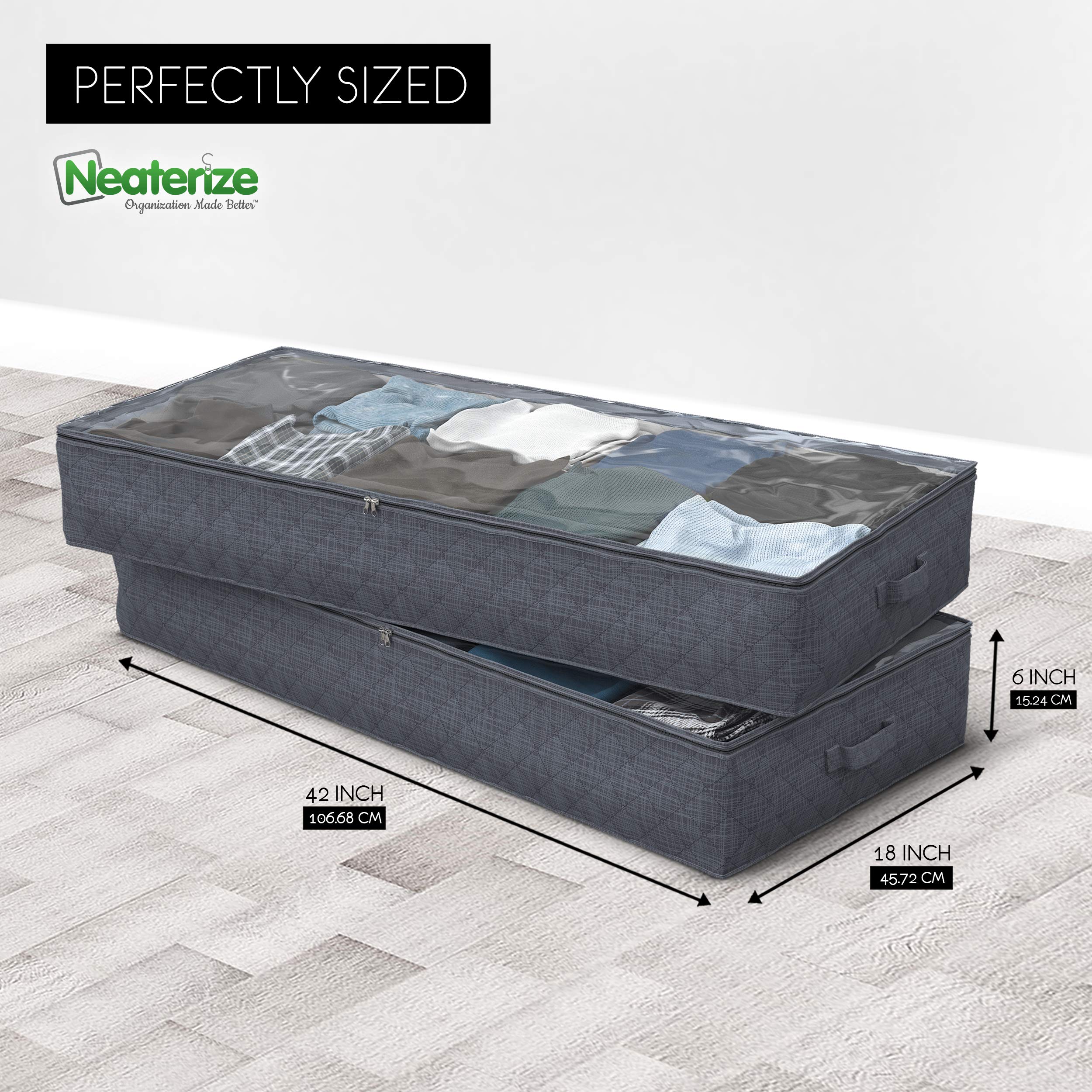 NEATERIZE Large Under Bed Storage Bags | 2-Pack Underbed Clothing Organizer | Ultra Thick Fabric, Reinforced Handles & Zipper |