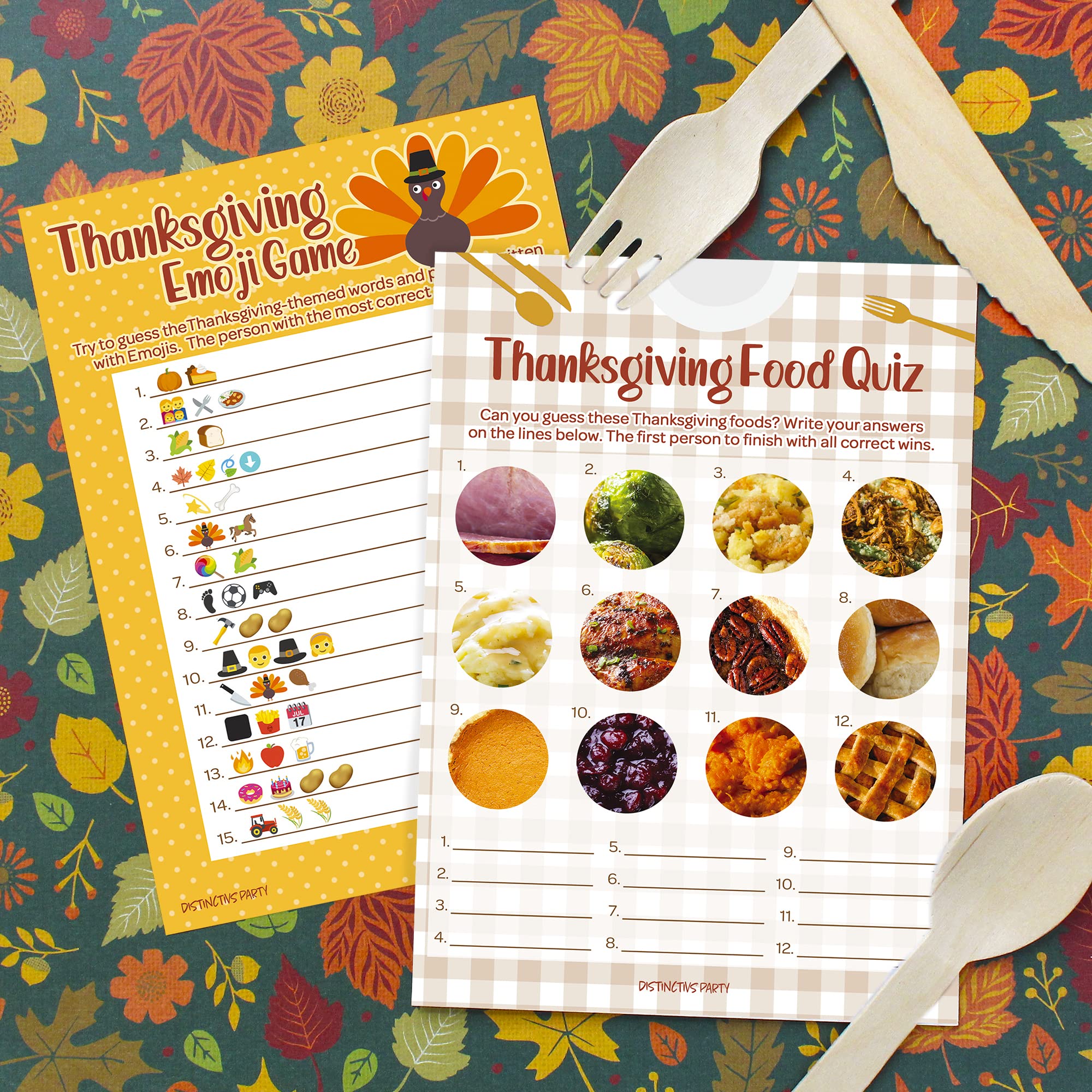 DISTINCTIVS Thanksgiving Party Games, Turkey Emoji Game and Thanksgiving Food Quiz 2 Game Bundle - 25 Dual Sided Cards