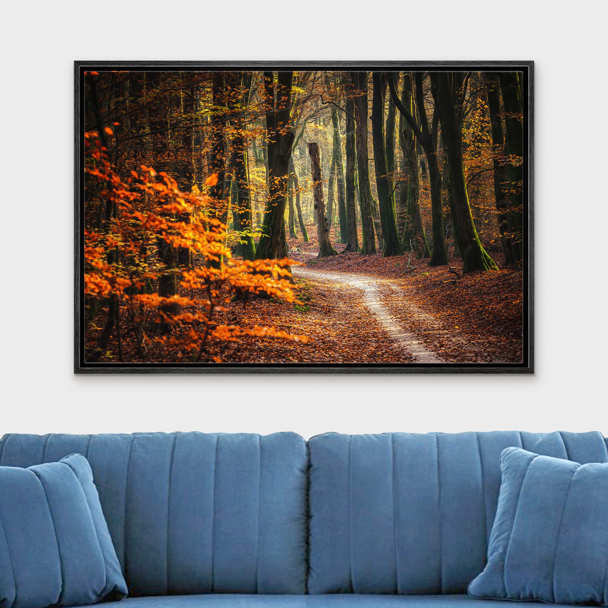 wall26 Framed Canvas Print Wall Art Autumn Fall Orange Leaf Forest Tree Trail Nature Wilderness Photography Realism Earth Scenery Scenic Landscape for Living Room  Bedroom  Office - 16''x24'' Black