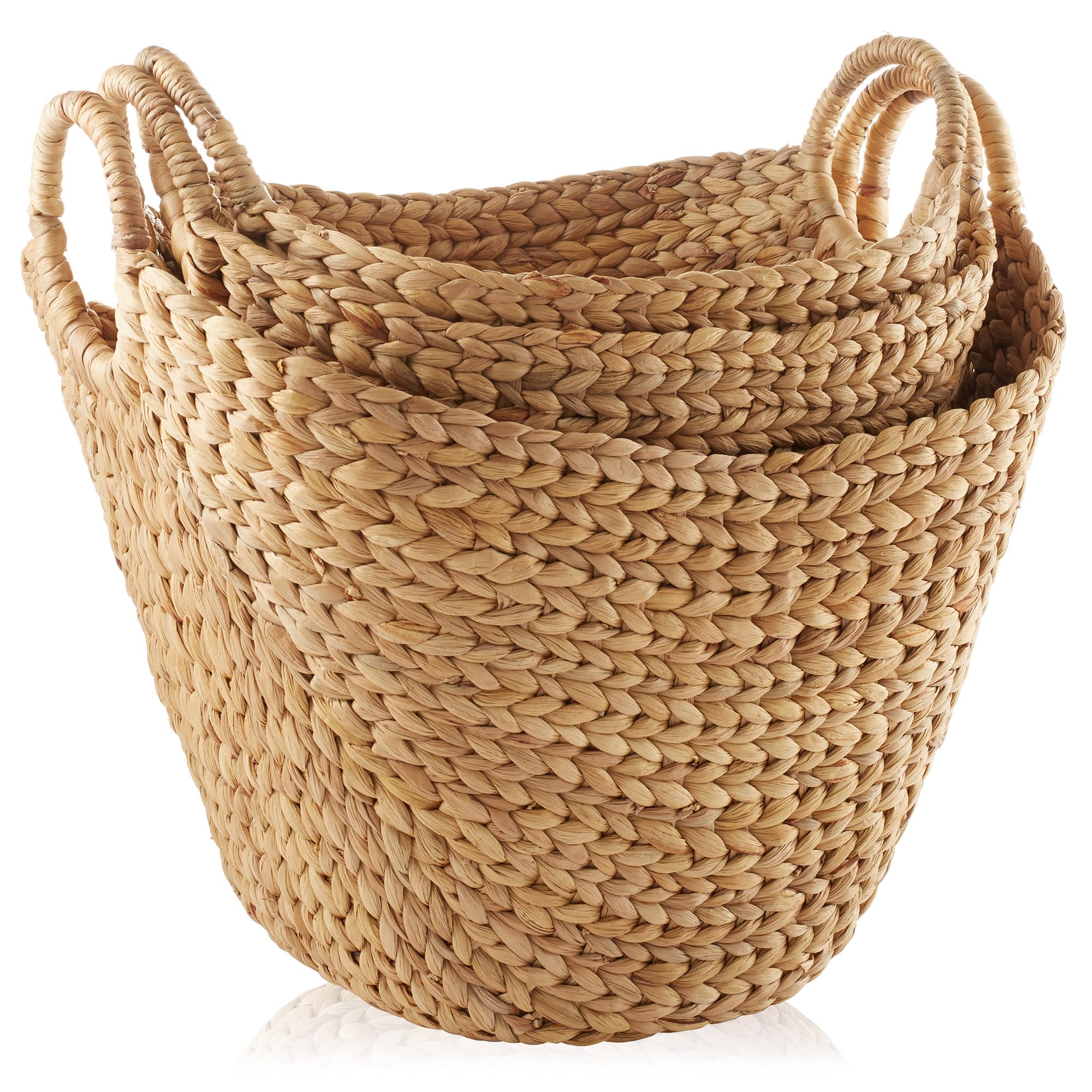 Casafield Set Of 3 Multipurpose Boat Baskets With Handles - Natural, Woven Water Hyacinth Storage Organizers For Throw Blankets,