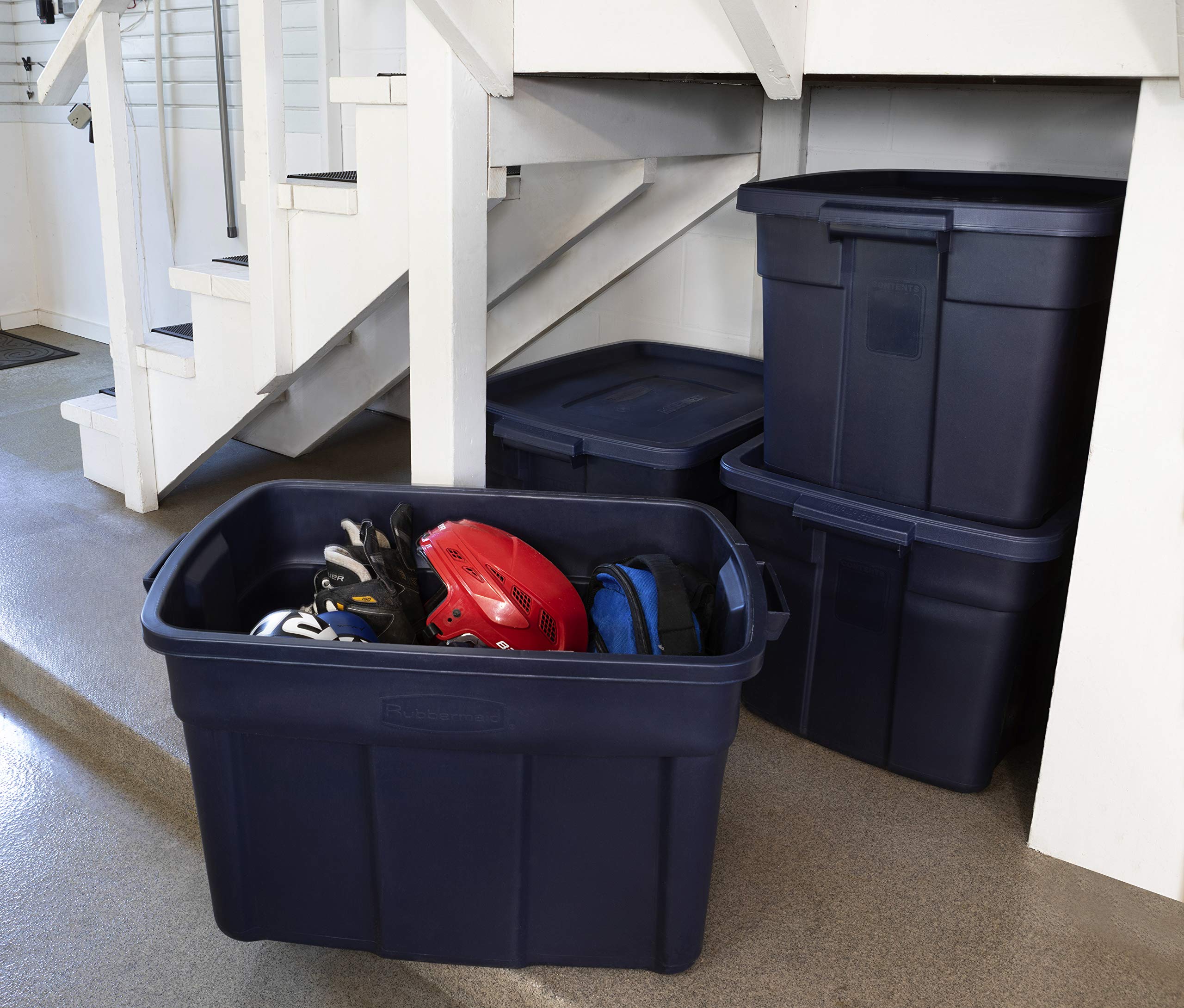 Rubbermaid Roughneck Tote 25 Gal, 4 Pack, Made In Usa, Dark Indigo Metallic, Rugged Plastic Stackable Storage Bins With Lids And