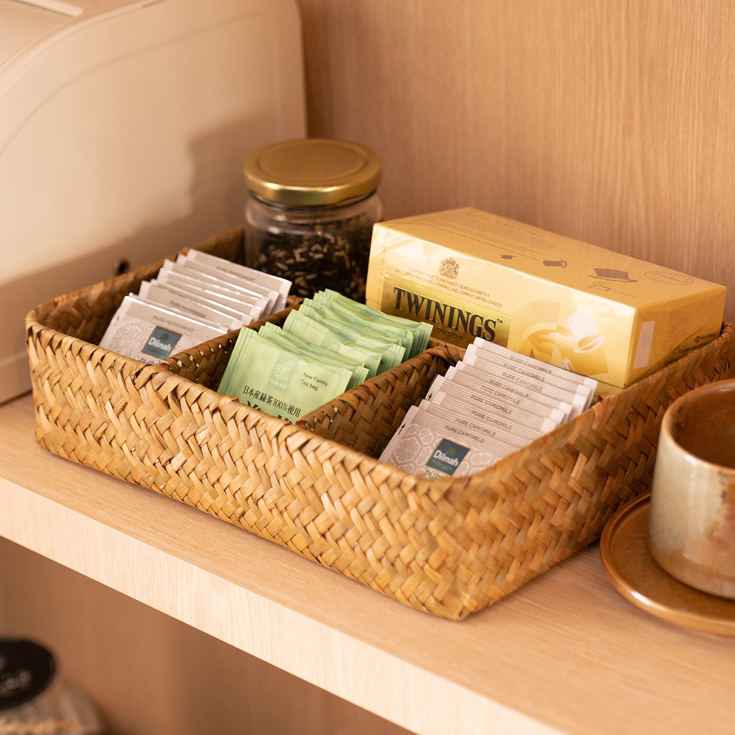 YANGQIHOME Tea Bag/Sugar Packet Holder  Coffee Station Condiment Organizer  Seagrass Storage Basket  Wicker Rattan Divided Basket Organizer for Drawer/Shelf/Countertop