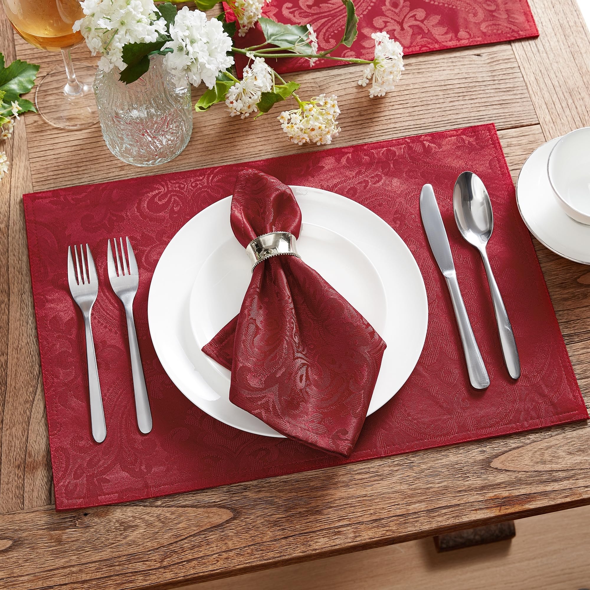 Elrene Home Fashions Caiden Elegance Damask Fabric Napkins (Set Of 4), 17'' X 17'', Red 4