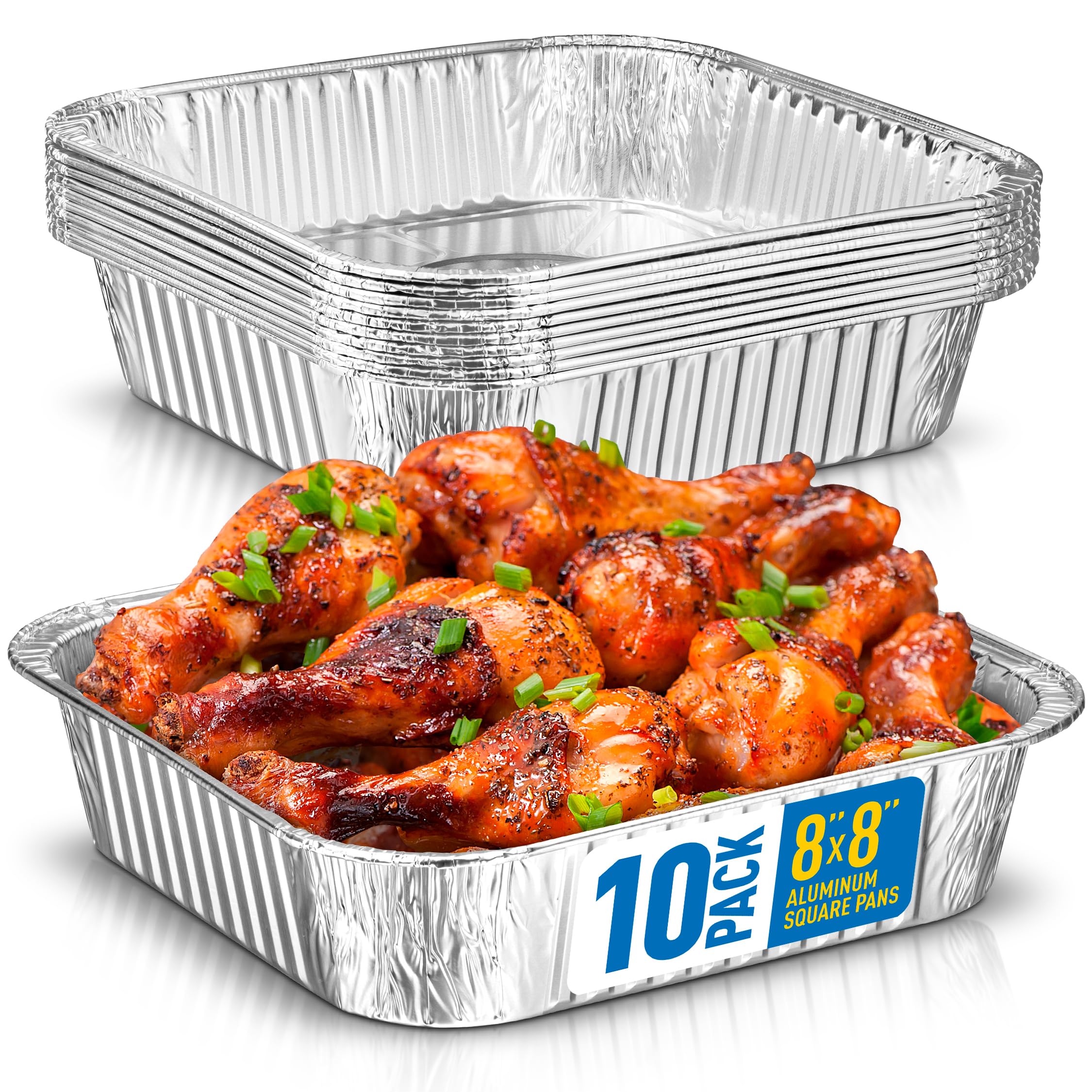 8X8 Disposable Aluminum Pans - 10 Pack Foil Pans For Cooking, Baking Cakes, Roasting & Homemade Breads - Disposable Food Contain
