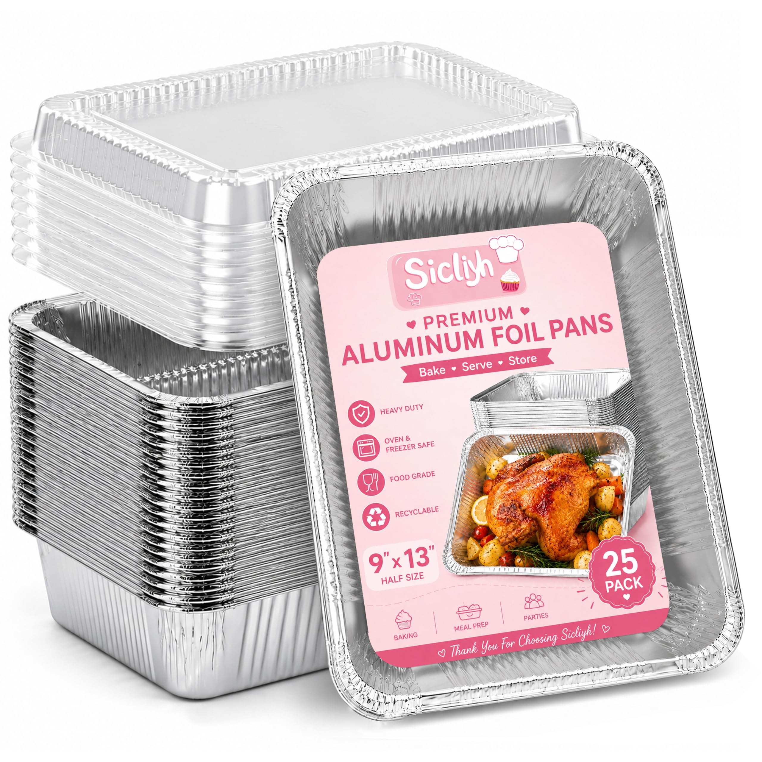 Sicliyh 25 Pack 9x13 Aluminum Foil Pans with Clear Plastic Lids, Heavy Duty Disposable Baking Pans for Casseroles, Lasagna, Meal