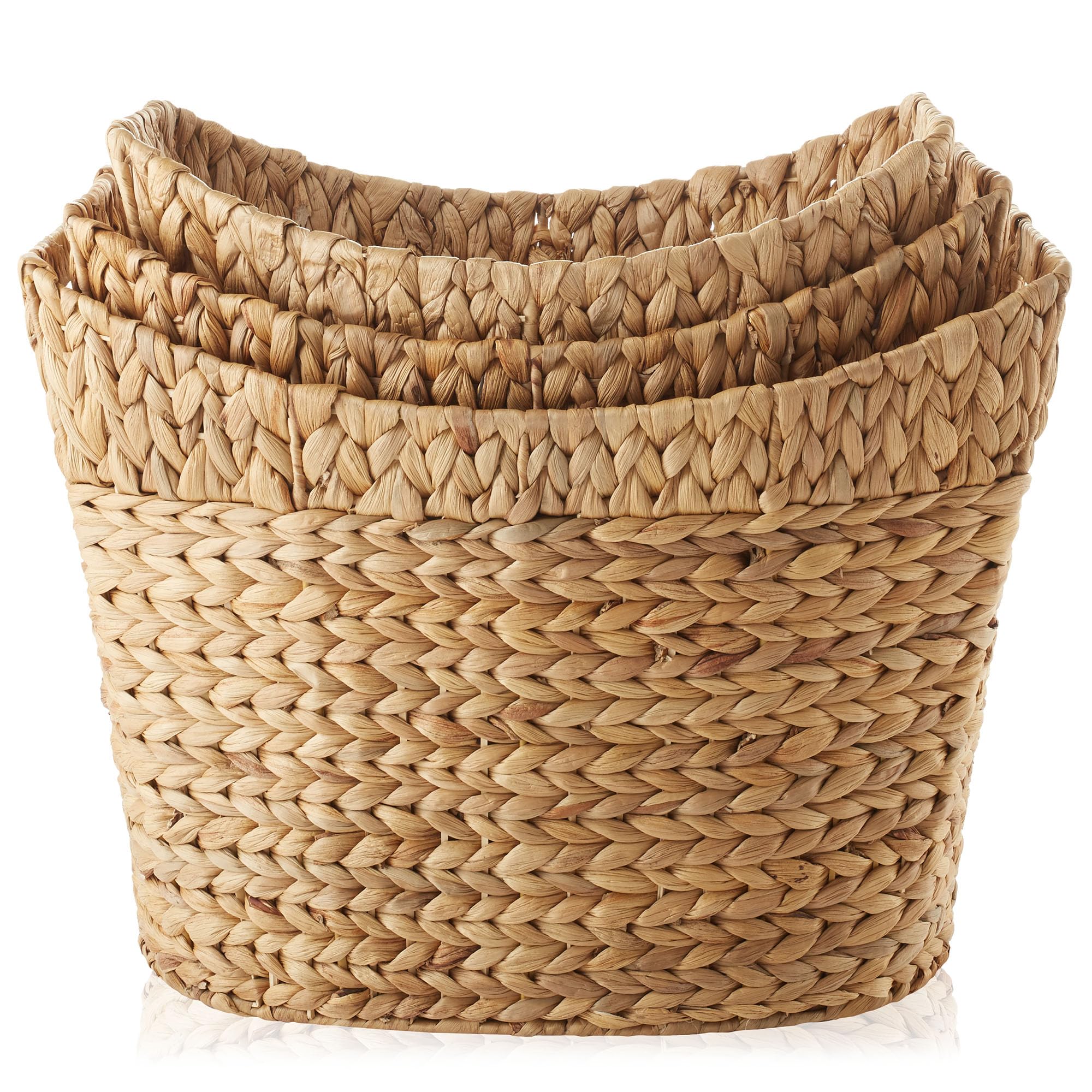 Casafield Set Of 3 Stackable Oval Laundry Baskets With Handles - Natural, Woven Water Hyacinth Storage Totes For Throw Blankets,
