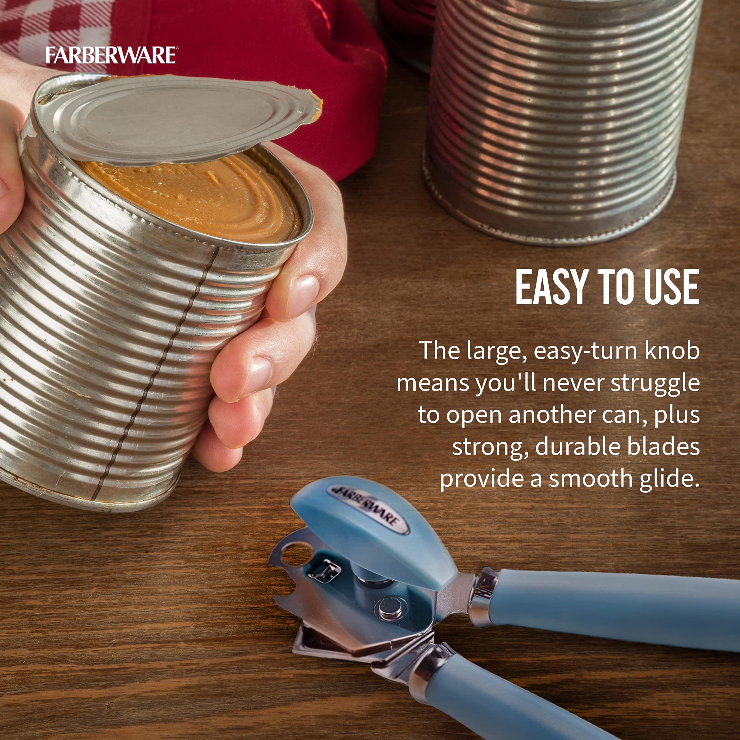 Farberware Professional Retro Can Opener, Stainless Steel, Blue, Built-in Bottle Opener, Model 5242028, Easy Turn Knob, Rust Proof