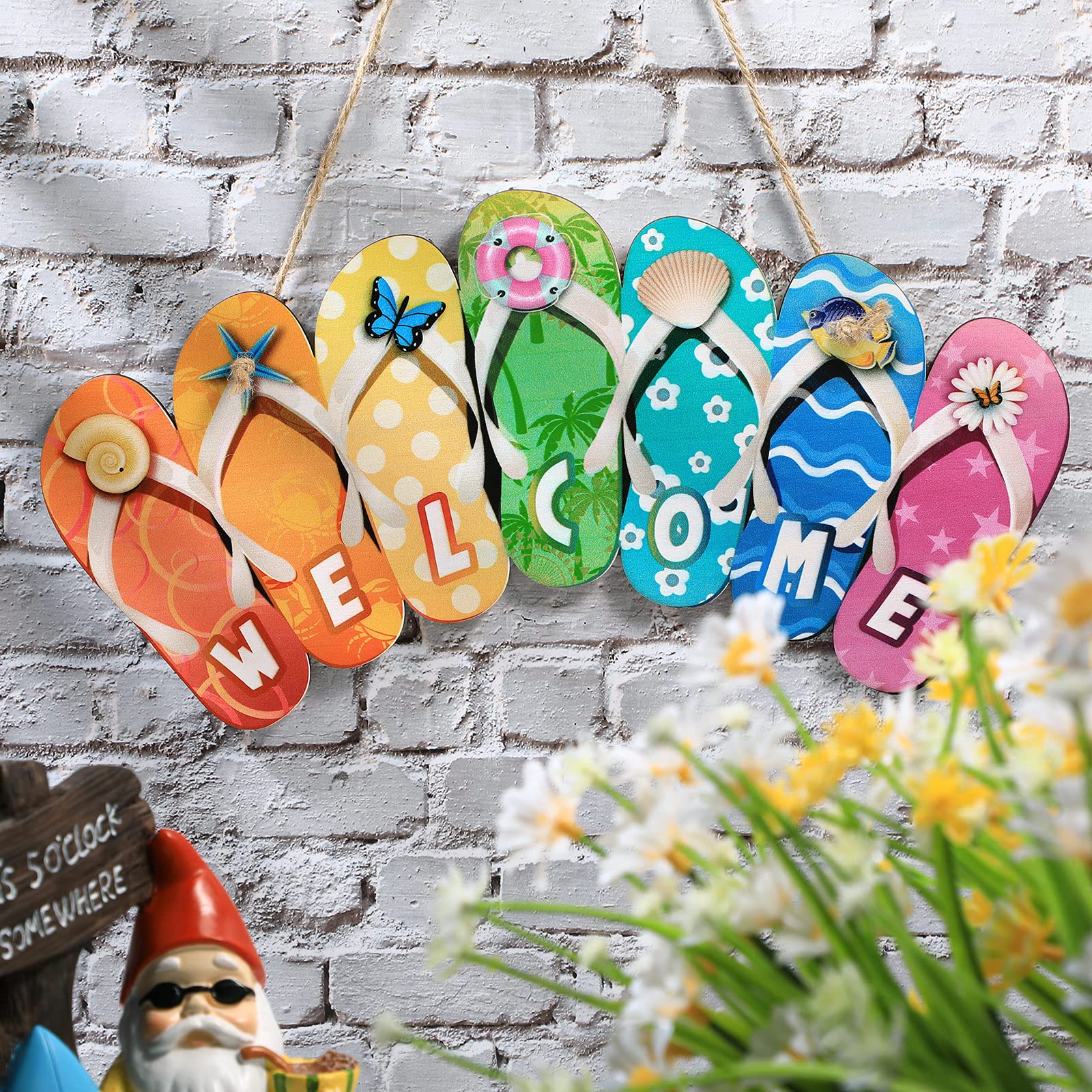 Summer Slippers Hanging Sign Shape Welcome Hello Flip Flop Wooden Door Plaque Rustic Wall Sign Yard Indoor Outdoor Garden Decora