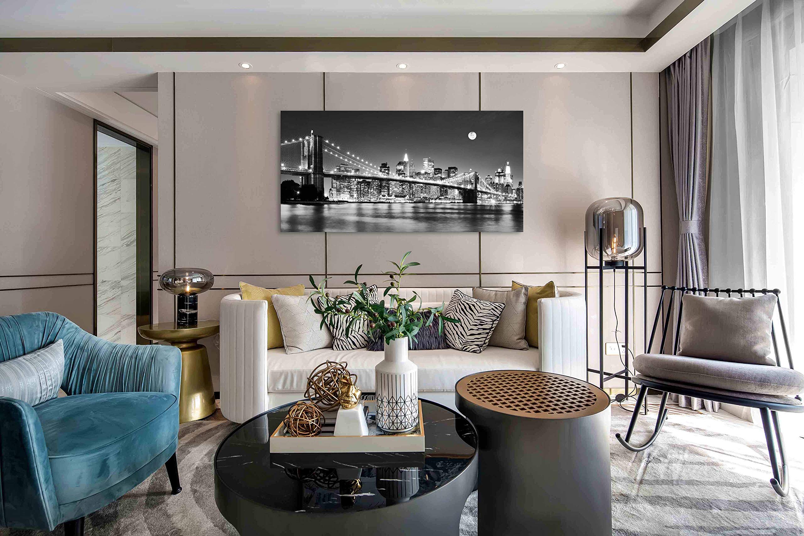 Baisuart-Q30362 Brooklyn Bridge Night View 1 Panels Landscape Artwork Canvas Prints Moon Night New York City Scene Picture Paintings Black and white Wall Art for Oiffce Home Decorations Wall Decor