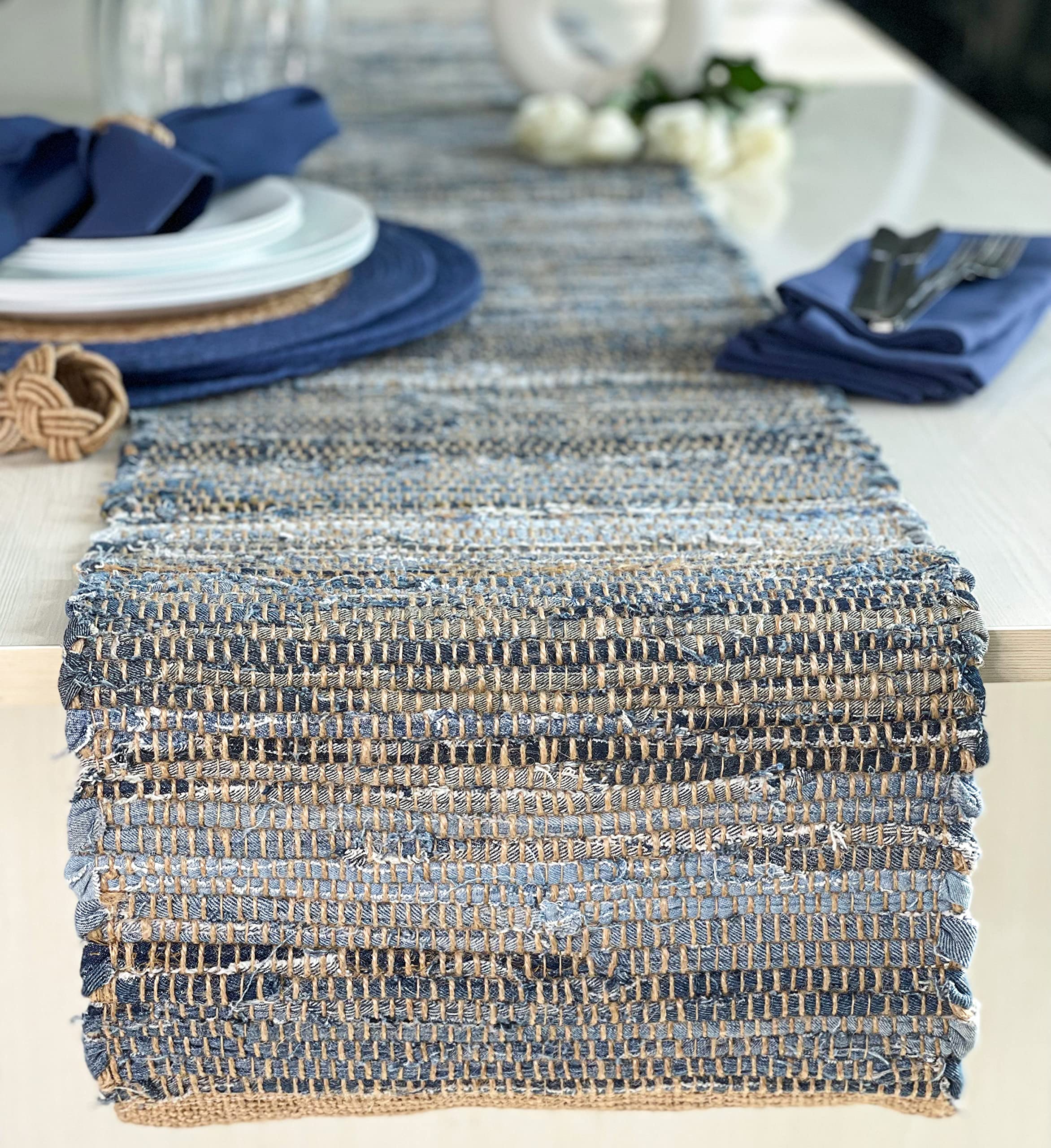 Chardin Home Eco Friendly Denim Chindi/Jute Table Runner, Size: 14''X72''