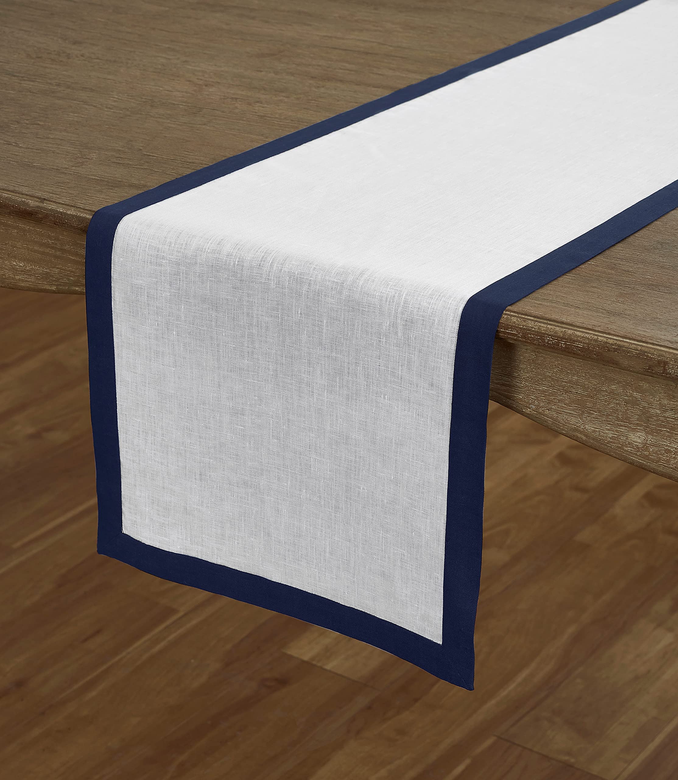 Solino Home Linen Table Runner 14 x 60 Inch - 100% Pure Linen Classic Table Runner for Spring  Summer  Mother Day  Memorial Day - Navy and White  Handcrafted from European Flax