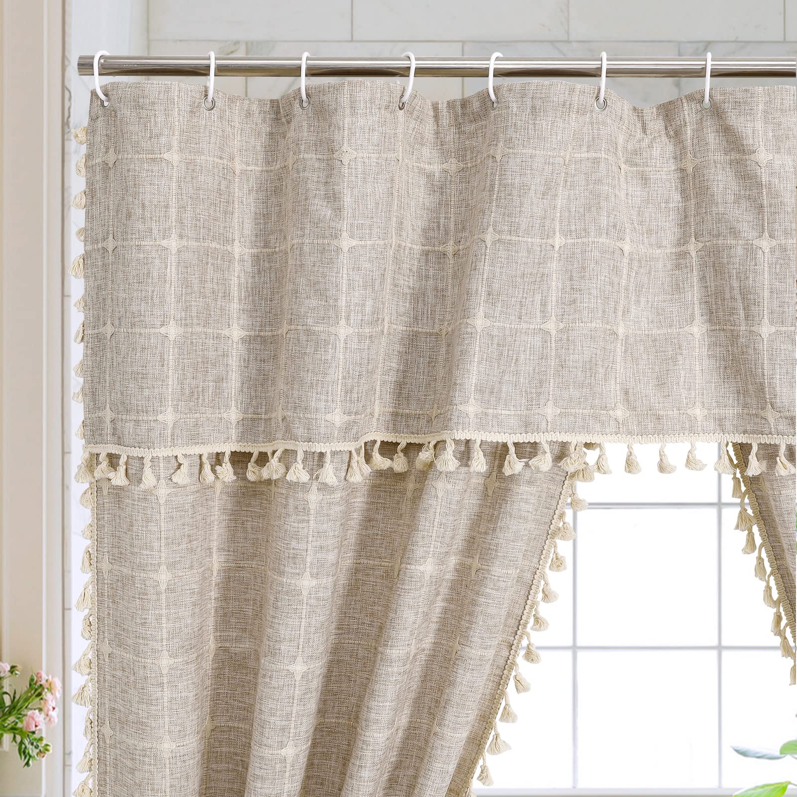 MitoVilla Boho Farmhouse Swag Shower Curtain  Cotton Linen Cloth Fabric Shower Curtain Set with Elegant Valance and 2 Tie Backs for Vintage Country Bathroom Decor  Tan Brown  72 x 72
