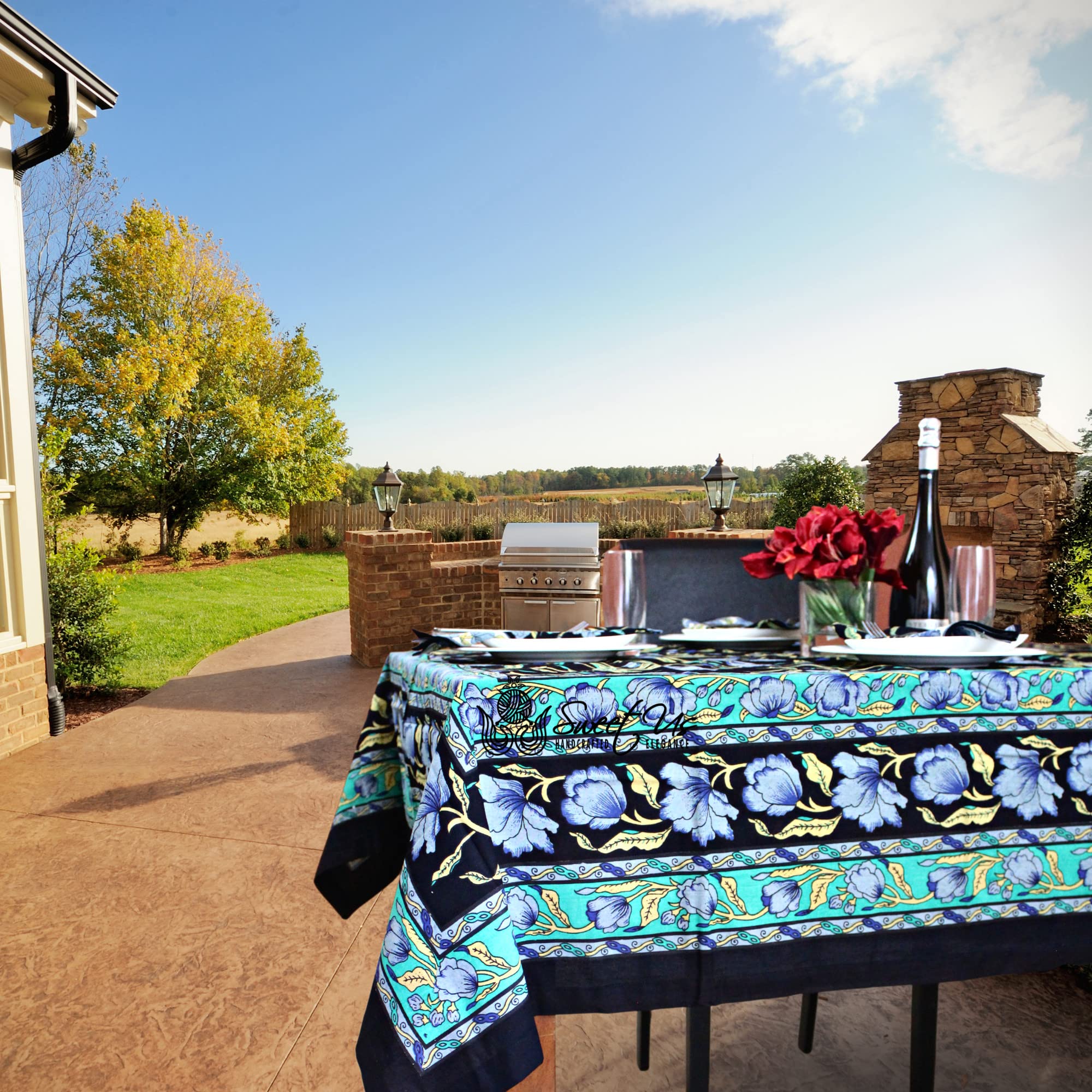 Sweet Us Affluent French Floral Cotton Tablecloth For Square Tables And One Gray Napkin, Floral Kitchen Dining Table Cloth, Tabl