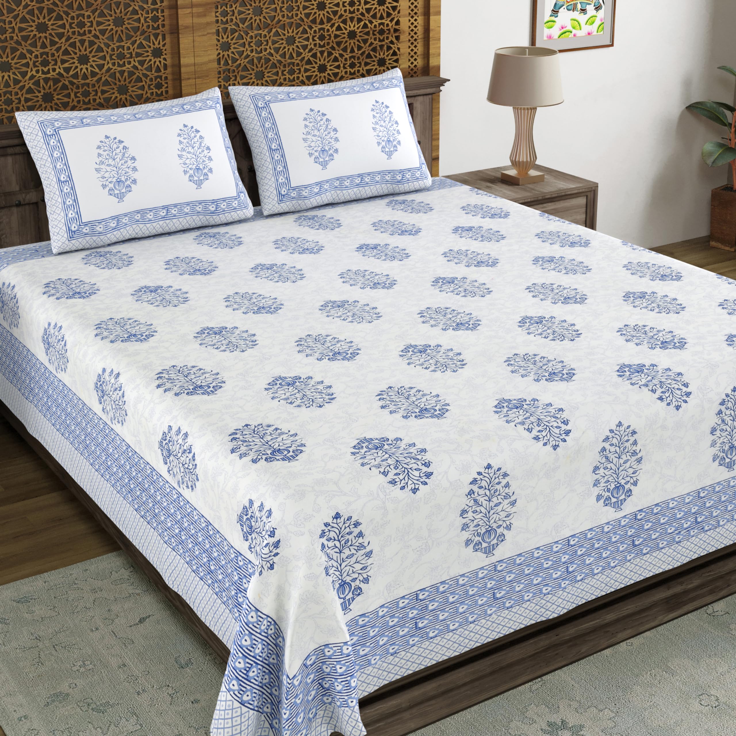 Blocks Of India Hand Block Printed 200 Tc Cotton King Size Bedsheet (Blue Pot)