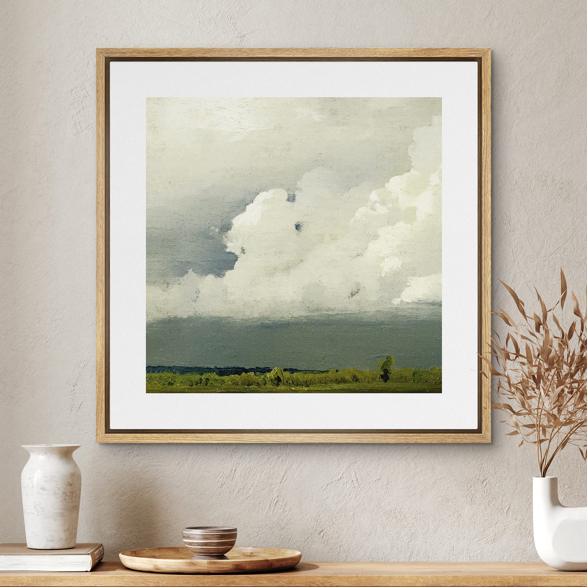 Signwin Framed Canvas Print Wall Art Storm Clouds Over Green Countryside Field Nature Wilderness Illustrations Fine Art Farmhous