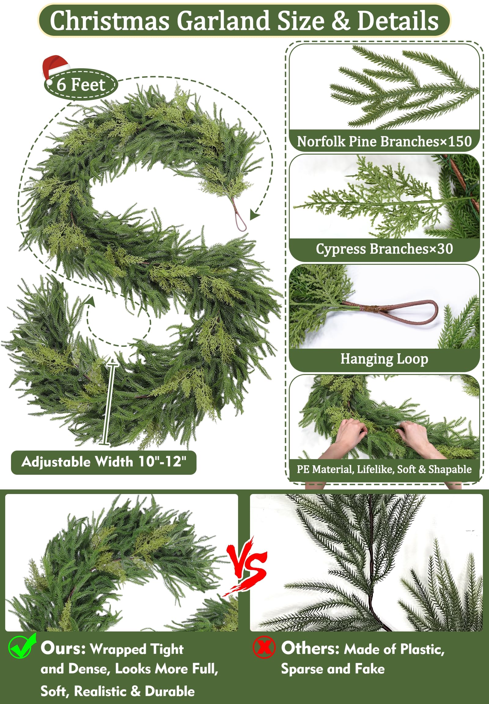 Thicker&Lush - Mixed Pine&Cedar - 6Ft by 12 Inch Christmas Garland Norfolk Pine Garland,Real Touch Cedar Garland,Realistic Soft
