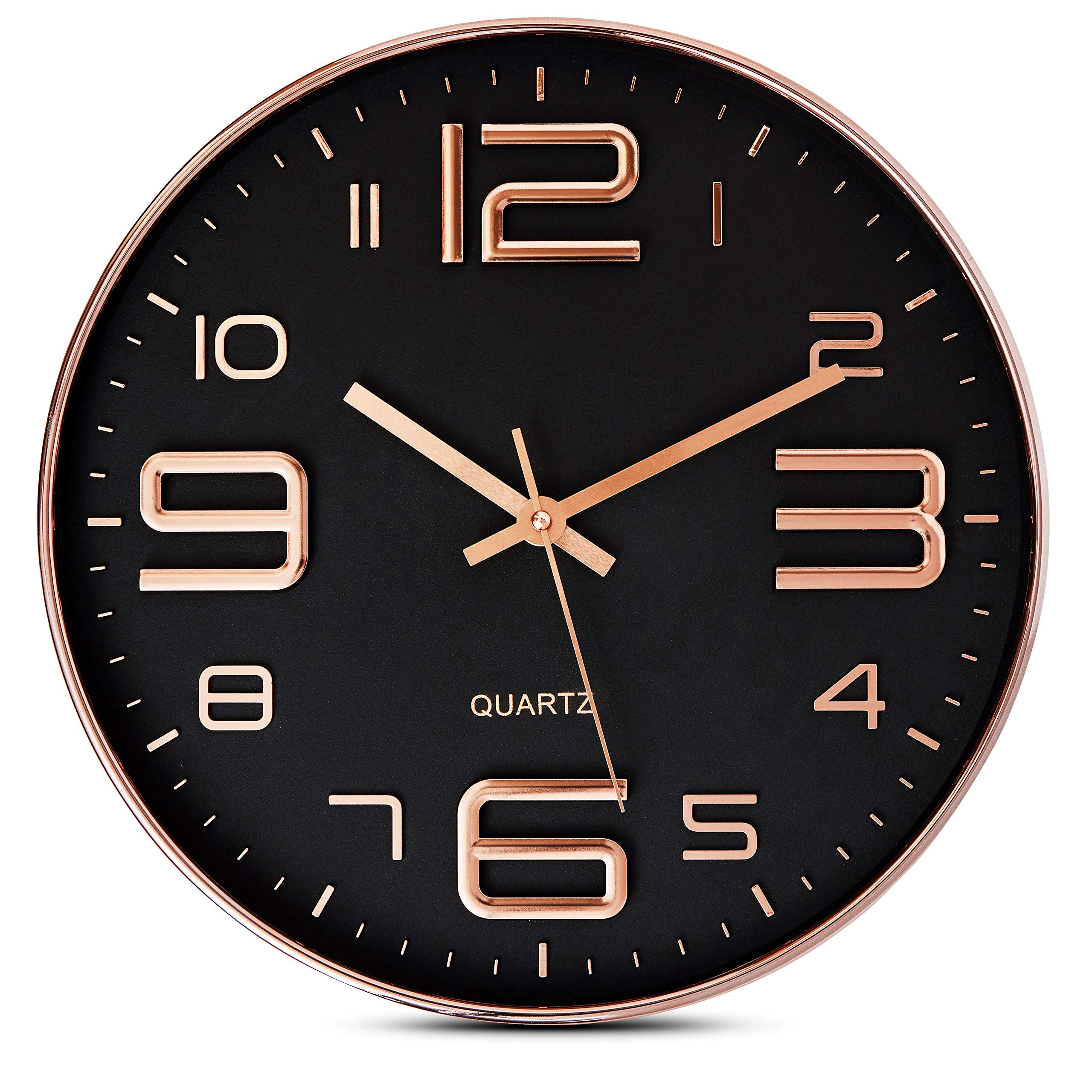 Bernhard Products Black Wall Clock - 12 Inch Rose Gold Silent Non Ticking Quality Quartz Battery Operated Easy to Read Decorativ