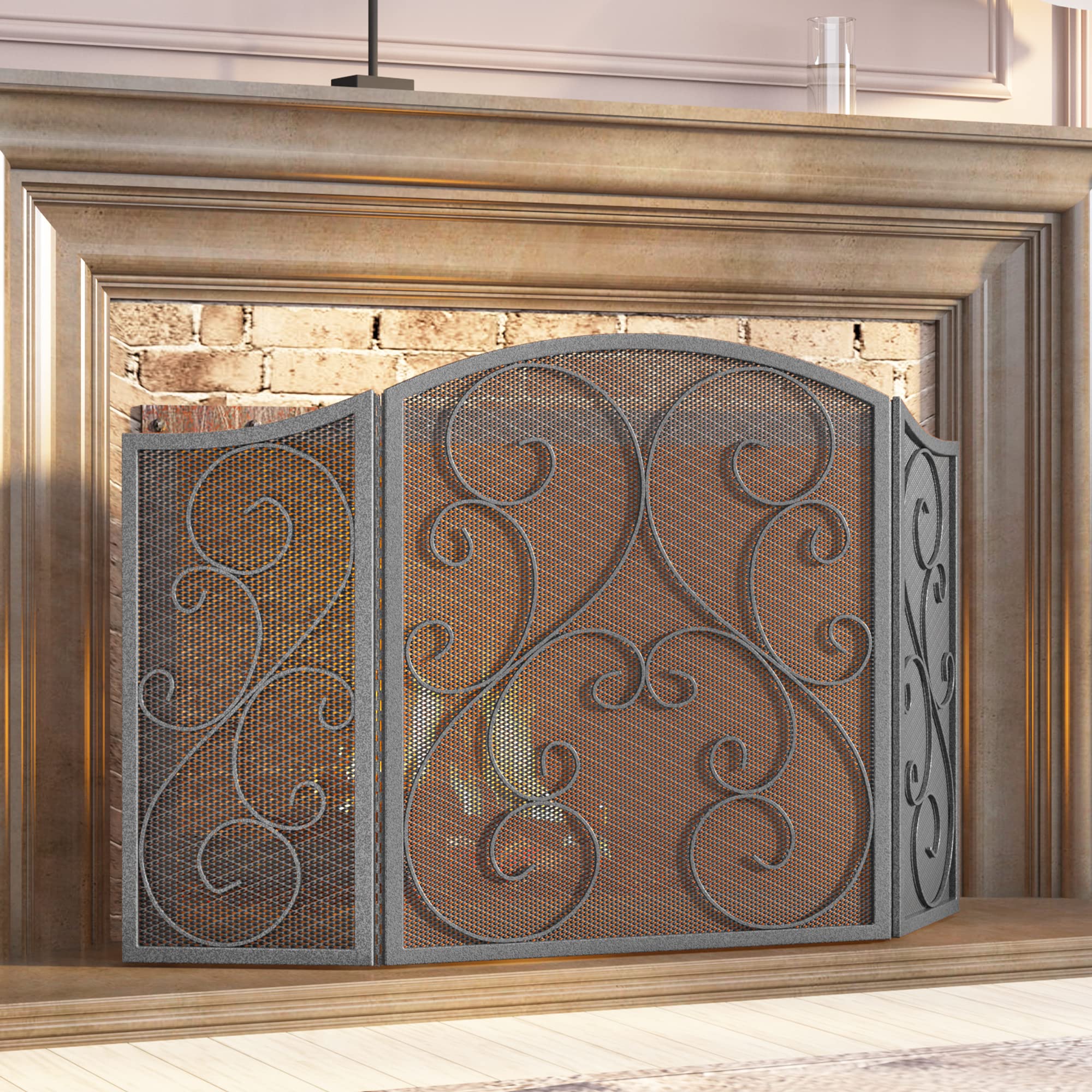 Fire Beauty Fireplace Screen 3 Panel Wrought Iron Metal 48 ''(L) x30(H) Spark Guard Cover(Pewter)