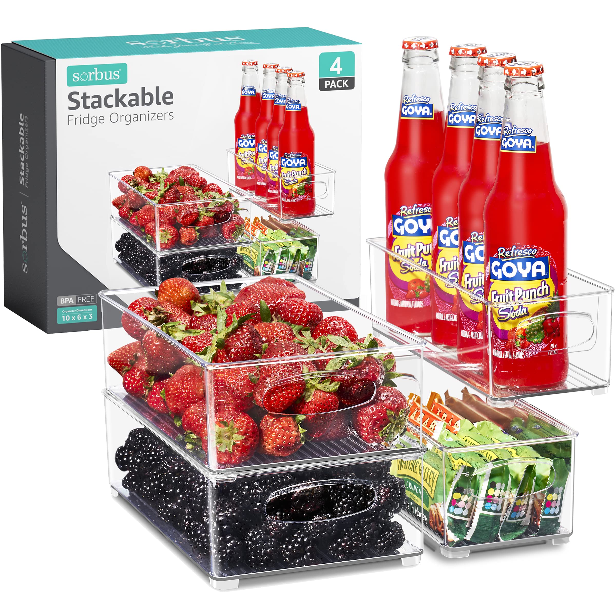 Sorbus Stackable Refrigerator Organizer Bins - Set Of 4 Clear Storage Bins For Kitchen Pantry, Freezer & Fridge Organization - F
