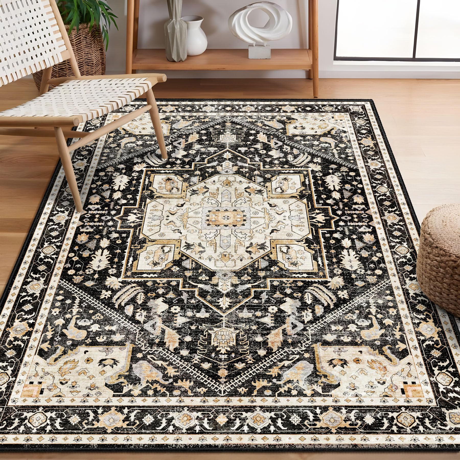 MUJOO Black Rug 3x5 Washable,Boho Small Area Rugs for Bedroom Entryway Living Room Kitchen,Non Slip Carpet Indoor,Vintage Soft