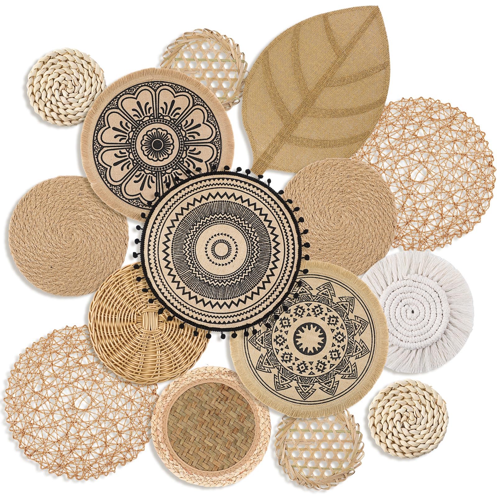 Anglechic 15 Pcs Boho Wall Basket Decor Woven Rattan Seagrass Wall Decor Hanging Rustic Farmhouse Round Handmade Wicker Decorati