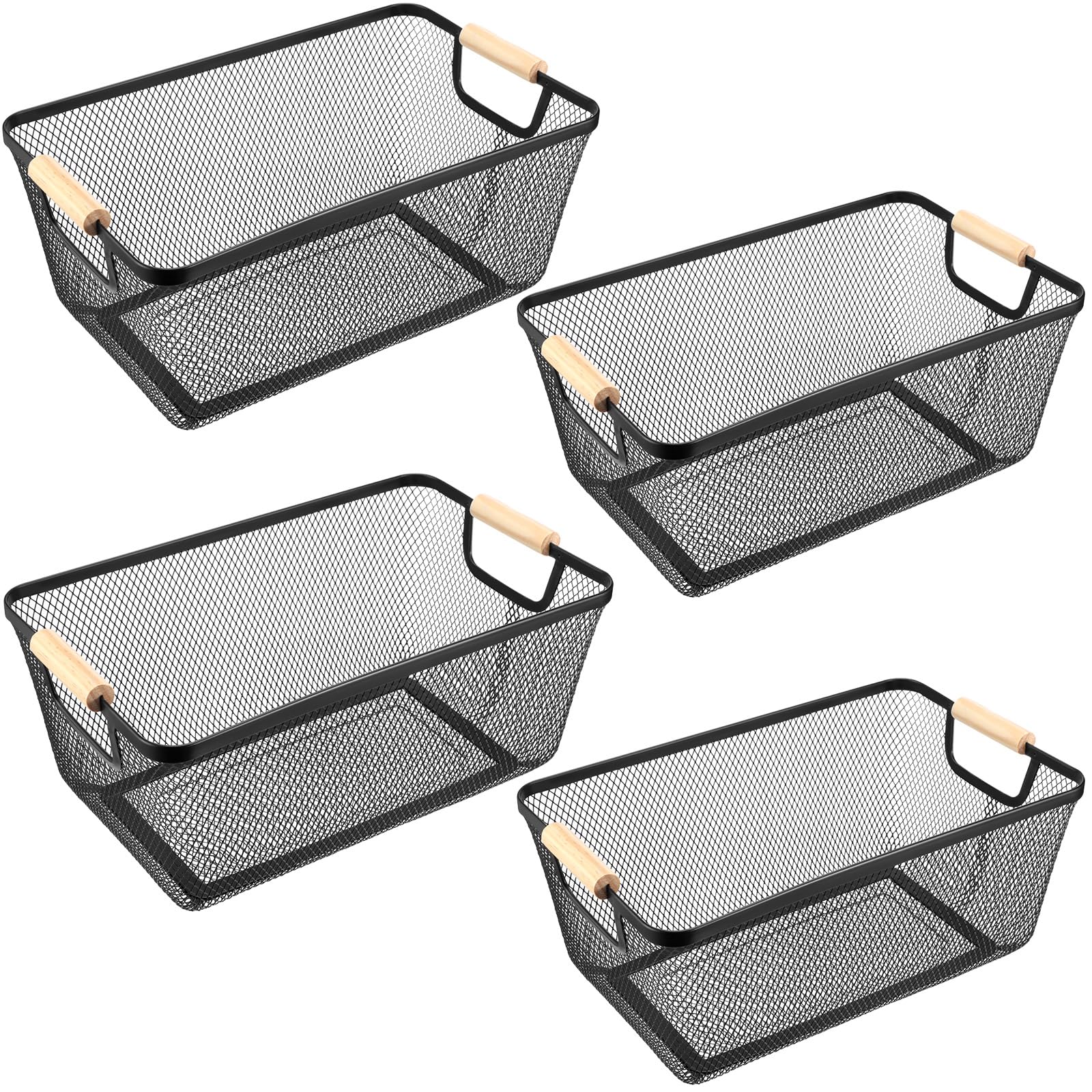 Ziliny 4 Pcs Metal Wire Basket With Wooden Handles Mesh Steel Storage Baskets Organizer Bin Basket Containers For Home Cabinet P
