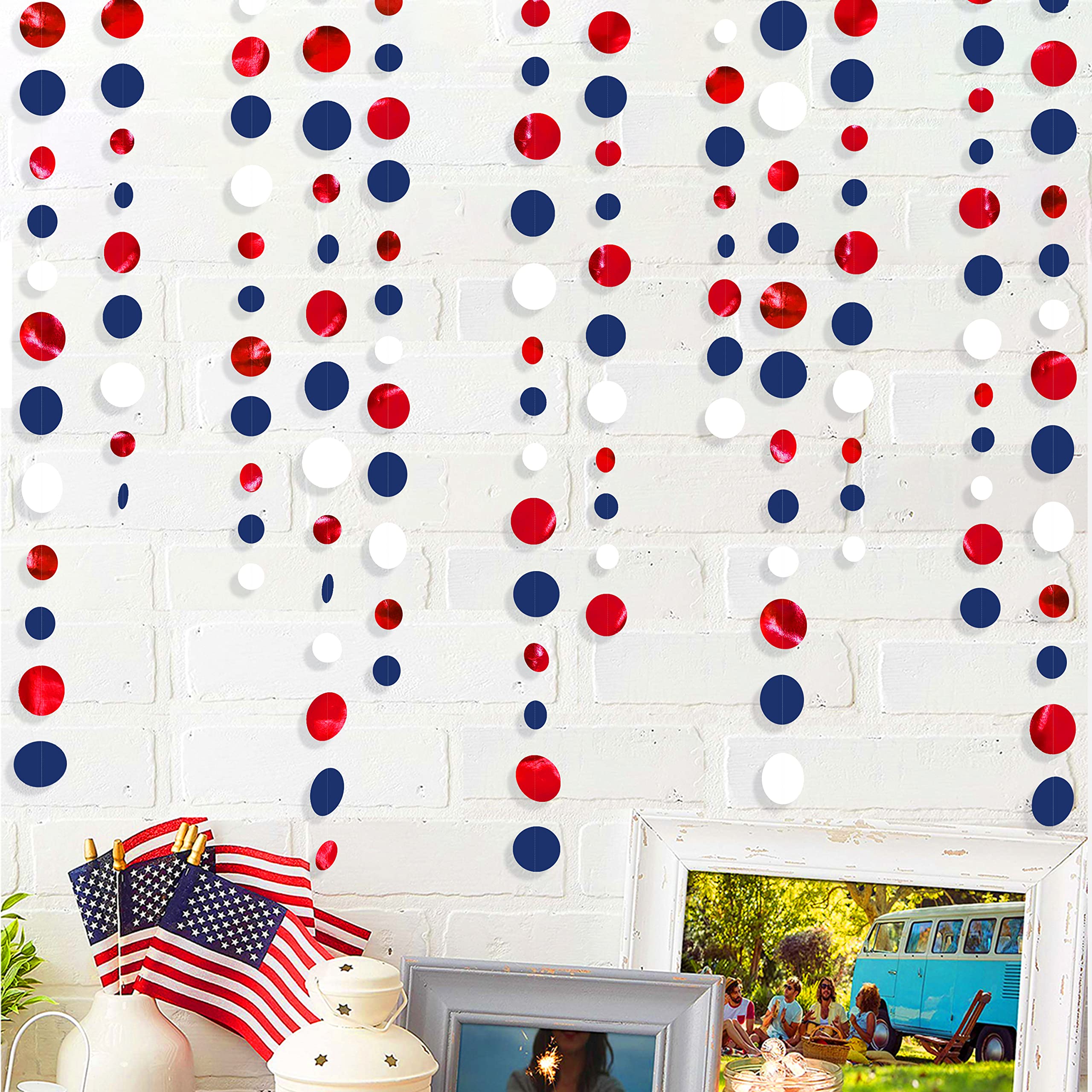 46 Ft Navy Blue Red White Circle Dots Garlands Royal Blue Red Hanging Paper Polka Dots Streamer For 4Th Of July American Indepen