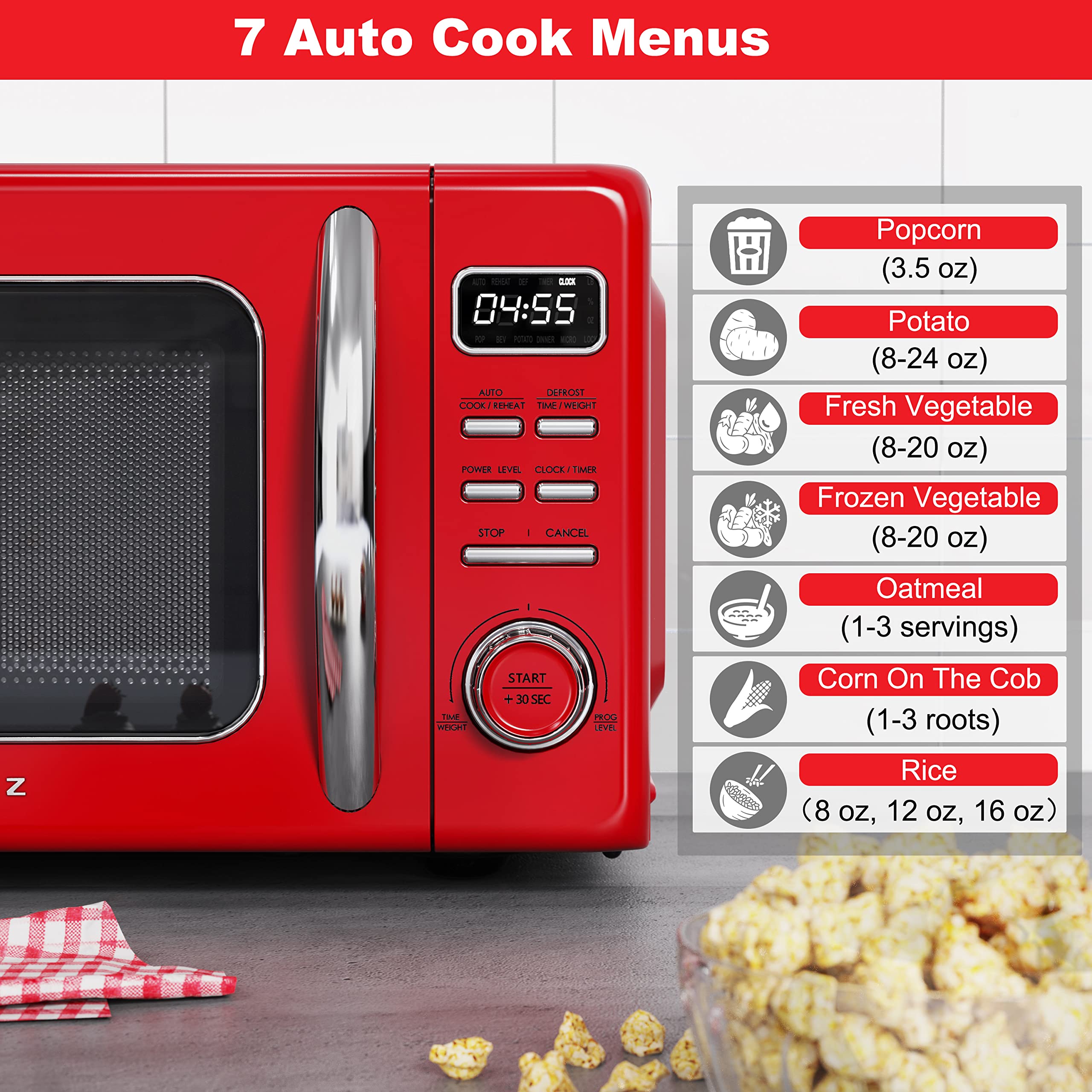 Galanz GLCMKZ07RDR07 Retro Countertop Microwave Oven with Auto Cook & Reheat, Defrost, Quick Start Functions, Easy Clean with Gl